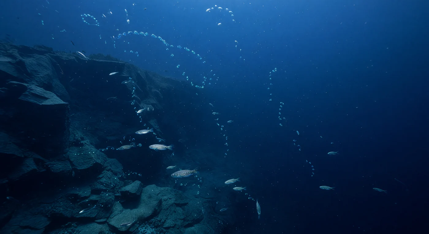Nella zona crepuscolare dell'oceano, tra i duecento e i mille metri di profondità, la luce solare si dissolve in un cobalto sempre più cupo fino a spegnersi quasi del tutto: ciò che rimane è un filtrato residuo di fotoni blu, appena sufficiente a delineare il fianco di un canyon sottomarino come una parete scura e inclinata, le sue cornici rocciose e le sottili velature di sedimento appena distinguibili dall'acqua circostante. La pressione, che a queste profondità supera facilmente i venti atmosfere, comprime un ambiente in cui la temperatura precipita e l'ossigeno si rarefà, eppure la vita prospera con soluzioni evolutive straordinarie. Le sifonofore — colonie modulari che possono estendersi per decine di metri — si lasciano portare dalla colonna d'acqua in archi sospesi e quasi immateriali, i loro corpi gelatinosi trasparenti tranne dove minuscole scintille blu-verdi di bioluminescenza tracciano i singoli zoidi come costellazioni spezzate. Attorno a loro i pesci lanterna, *Myctophidae* dai corpi argentei e fusiformi, occupano la mezzacqua con file ordinate di fotofori ventrali che emettono una luce turchese tenue e controllata, funzionale al riconoscimento di specie e alla controilluminazione contro i predatori che scrutano dall'alto. Neve marina — frammenti di materia organica, feci, resti cellulari — deriva lentamente verso gli abissi in una pioggia silenziosa che trasferisce carbonio dalla superficie al fondo, mentre il canyon incombe come una geometria oscura in un mondo che esiste, preme e pulsa interamente senza testimoni.