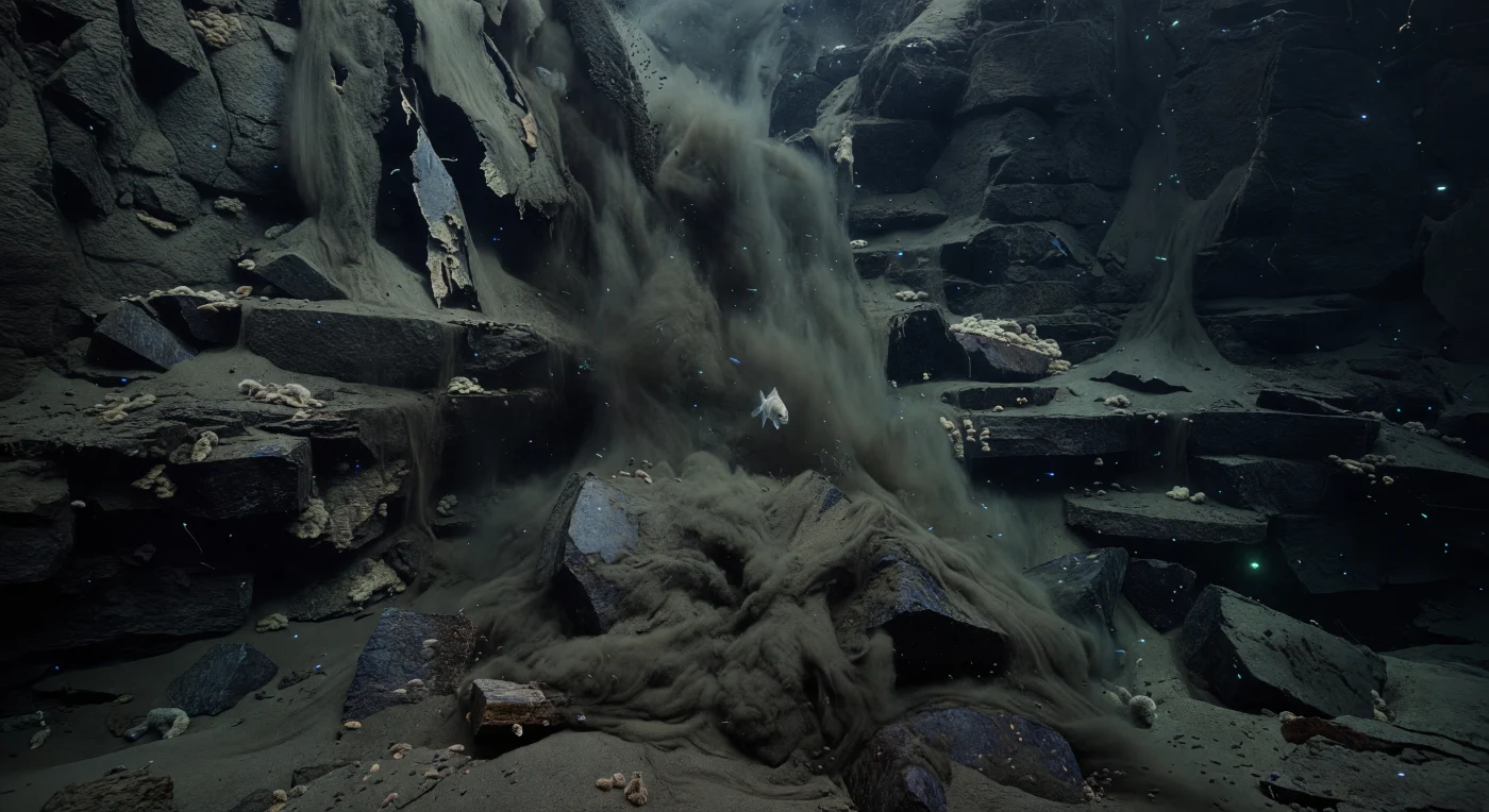 Nelle profondità di una fossa oceanica, a pressioni che superano gli 800 atmosfere, una frana di sedimenti fresca scende impetuosa lungo un canalone stretto tra pareti di faglia quasi verticali: nuvole dense di fango grigio-grafite si avvolgono su blocchi di talus angolari e su bancate di roccia spogliata, sollevando velature di silt nell'acqua fredda — circa 1–2°C — e seppellendo momentaneamente i rari punti di bioluminescenza che punteggiavano la parete hadal con deboli scintille ciano e verde-azzurro. I drappeggi di sedimento lacerati si staccano dalle pareti, mentre xenofioforidi agglutinati, tra i più grandi organismi unicellulari conosciuti, si aggrappano agli scaffali riparati appena oltre il fronte della colata, testimoni silenti di un evento che ridisegna periodicamente questa topografia di scarpate e canali. Un pesce lumacone hadal — *Pseudoliparis* o affine — dalle carni traslucide e quasi fantasmatiche, volteggia sopra il disturbo con movimento quasi impercettibile, adattato a una pressione che renderebbe impossibile la sopravvivenza a quasi ogni altro vertebrato; ai margini più quieti, piccoli anfipodi si radunano e poi si disperdono al sopraggiungere del fronte di fango. Nevicate marine di particelle organiche derivate dalla superficie — percorso di mesi attraverso la colonna d'acqua — si mescolano alla nefeloid bentica risospesa, nutrendo un ecosistema che esiste in aphotic permanente, in un silenzio compresso da forze tettoniche e gravitazionali, senza alcuna luce che non sia quella generata dalla vita stessa.