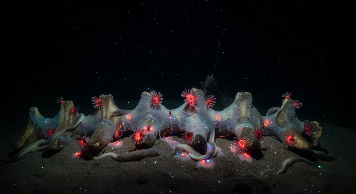 Le luci dell'ROV tagliano il buio assoluto come bisturi di ghiaccio, illuminando un paesaggio che il sole non ha mai sfiorato: vertebre di balenottera emergono parzialmente dal sedimento fine, avvolte in spesse coltre batteriche bianche dalla consistenza cerosa, residuo di un processo di decomposizione chemiosintetica che trasforma le ossa ricche di lipidi in un ecosistema autonomo capace di sostenersi per decenni. A questa profondità, tra i duemila e i tremila metri, la pressione supera i duecento atmosfere e la temperatura si mantiene appena al di sopra dello zero, eppure la vita si concentra con straordinaria densità attorno ai resti: i vermi Osedax, i cosiddetti "divoratori di ossa", protendono i loro pennacchi cremisi direttamente dalla matrice ossea, visibili solo nel cono più luminoso delle lampade dell'ROV prima di svanire nel blu profondo ai margini del fascio. Alcuni missini — Myxini dagli eleganti corpi pallidi che riflettono freddi bagliori azzurri — si annodano attraverso il sedimento e attorno alle vertebre, sollevando appena sottili spirali di fango con il loro passaggio. In questo silenzio senza colore, dove ogni fotone è artificiale e ogni sporadico puntino di bioluminescenza nel nero circostante ricorda che la vita persiste anche nell'abisso più cieco, la carcassa si rivela non come morte, ma come un'oasi chimica di irripetibile complessità ecologica.