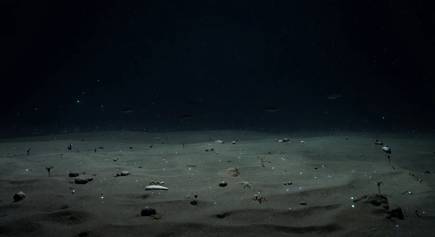 Nelle profondità più remote dell'oceano, a oltre quattromila metri sotto la superficie, una pianura abissale si distende in ogni direzione con una piattezza quasi cosmica, il suo fondo di fango calcareo e siliceo percorso da lievi ondulazioni, aperture di tane, colonne fecali e noduli polimetallici di manganese disseminati come reliquie di un tempo geologico lentissimo. La pressione supera i quattrocento atmosfere, la temperatura sfiora appena i due gradi centigradi, e l'oscurità è totale e permanente, interrotta soltanto da rari lampi blu-verdi di bioluminescenza che si accendono e spengono tra i piccoli crostacei alla deriva nel near-bottom layer, puntini di luce efimera in un vuoto che non conosce giorno. La neve marina scende senza sosta dall'alto, particelle di materia organica — resti di plancton, frammenti di feci, aggregati di muco — che costituiscono l'unico filo di connessione tra questo deserto bentonico e il mondo illuminato millequattrocento metri sopra la zona fotica. Un oloturo avanza in silenzio sul sedimento, una stella serpentina piega i suoi bracci sottili attorno a un nodulo, e sagome di pesci color fantasma stazionano appena al di sopra del fondale, sospesi nell'immobilità come se il tempo stesso avesse rallentato fino a fermarsi. Questo paesaggio esiste da decine di milioni di anni esattamente così, immenso, freddo, pressurizzato e indifferente alla nostra assenza.