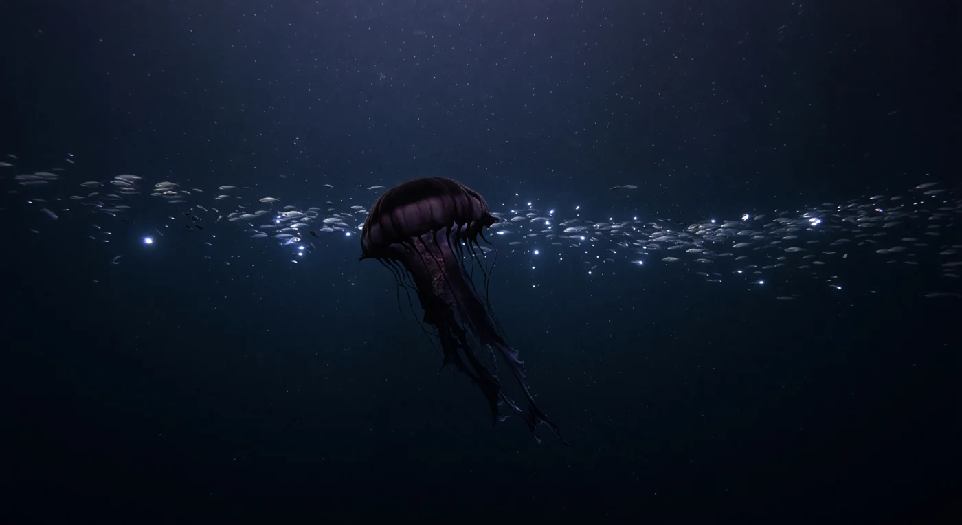 Nell'oscurità vellutata della colonna d'acqua mesopelagica, dove la luce solare si è ridotta a un pallido alone ardesia proveniente dall'alto, *Stygiomedusa gigantea* deriva in silenzio con il suo ombrello largo quanto un tavolo da pranzo, una massa di tessuto quasi nero che assorbe quel poco spettro residuo filtrato dalla superficie lontana decine e decine di metri. Le braccia orali si dispiegano verso il basso come nastri di seta pesante, ondeggiando in correnti invisibili a una pressione che supera i cinquanta atmosfere, in acque la cui temperatura sfiora appena qualche grado sopra lo zero. Lungo il bordo superiore della zona a ossigeno minimo — quella sottile fascia della colonna d'acqua dove l'ossigeno disciolto crolla a valori quasi nulli e i predatori facoltativi si concentrano ai suoi margini per sfruttare la preda intrappolata — si materializza un orizzonte vivente compresso: crostacei argentati, larve di pesci e organismi gelatinosi fragili come vetro soffiato si addensano in uno strato sottile, i loro corpi semitrasparenti che catturano l'ultimo debole azzurro. In questo buio quasi totale, lampi bianco-azzurri di bioluminescenza difensiva punteggiano la colonna d'acqua attorno al banco di prede come scariche elettriche brevissime, mentre fiocchi di neve marina derivano lenti nel freddo immobile, in un mondo antico e completo che esiste da molto prima che qualsiasi occhio umano potesse immaginarlo.