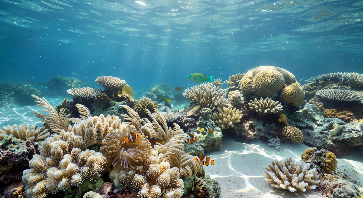 Nella zona soleggiata del reef anteriore, la luce di mezzogiorno penetra la colonna d'acqua con un'intensità quasi tattile, disegnando arabescati motivi di caustiche che scivolano senza sosta sulle cupole carbonatiche e sui fondali sabbiosi color avorio. A profondità tra i cinque e i venti metri, la pressione è appena percettibile — due o tre atmosfere — eppure sufficiente a plasmare un ambiente fisicamente distinto dalla superficie, dove l'acqua tiepida, intorno ai ventisette gradi celsius, mantiene una trasparenza eccezionale che consente ai raggi solari di raggiungere ogni anfratto della struttura biogenica. Le colonie di coralli madreporari — Acropora ramificati, Porites massicci, Montastraea con i loro setti geometrici — sono tappezzate da migliaia di polipi estesi, ciascuno un piccolo predatore dotato di tentacoli urticanti, fotosimbionte nel proprio tessuto grazie alle zooxantelle che trasformano la luce in nutrimento e in calcificazione. Tra le colonie, un pesce pappagallo raschia il carbonato con le sue potenti mandibole fuse, liberando nuvole di sabbia bianca che si disperdono nella corrente lieve, mentre i clownfish rimangono fedeli alla loro anemone, e gorgonie sottili ondeggiano come scrittura in corsivo sospesa nel blu. Questo ecosistema è tra i più produttivi e strutturalmente complessi della biosfera marina, eppure esiste in un silenzio assoluto e indifferente, costruito da organismi invertebrati nel corso di millenni, senza alcuna testimonianza se non la luce che scende.