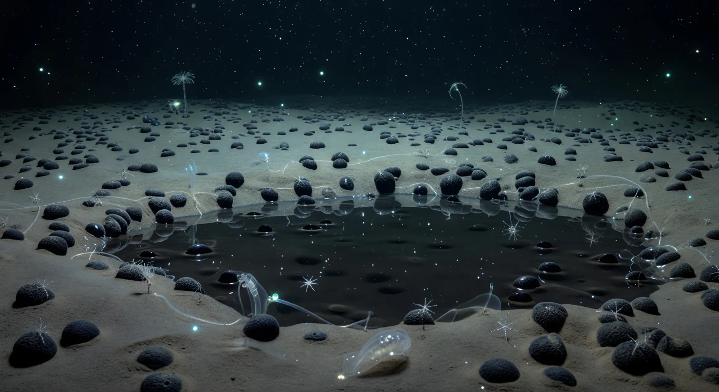 Nell'abisso del Pacifico equatoriale, a quasi cinque chilometri di profondità, una pianura di fango pallido si distende sotto una pressione di oltre cinquecento atmosfere, punteggiata da migliaia di noduli polimetallici neri — concrezioni di manganese, ferro, cobalto e nichel cresciute lentamente nell'arco di milioni di anni, un millimetro ogni qualche millennio. Il fondale si interrompe bruscamente all'orlo di una pozza di salamoia densa, il cui specchio scuro e immobile riflette e distorce ogni minuscolo lampo bioluminescente che deriva nell'acqua soprastante, creando geometrie liquide che non hanno mai avuto occhi a osservarle. Lungo questo margine, filamenti microbici quasi trasparenti tracciano contorni irregolari tra nodule e sedimento, prosperando grazie alla chimica anomala dell'interfaccia salina in un ambiente dove la luce solare non giunge da ere geologiche. Un cetriolo di mare traslucido scivola impercettibilmente sul fango, stelle fragili avvolgono i noduli con braccia sottili come fili di vetro, e rari filtratori su steli calcificati si stagliano immobili nel buio, organismi lenti e vulnerabili adattati a un mondo di quiete assoluta, temperatura costante e silenzio primordiale. Fiocchi di neve marina — detriti organici che precipitano dagli strati superiori — derivano in ogni direzione con calma inesorabile, unici messaggeri di un oceano illuminato che esiste, indifferente, sei mesi di deriva sopra di loro.