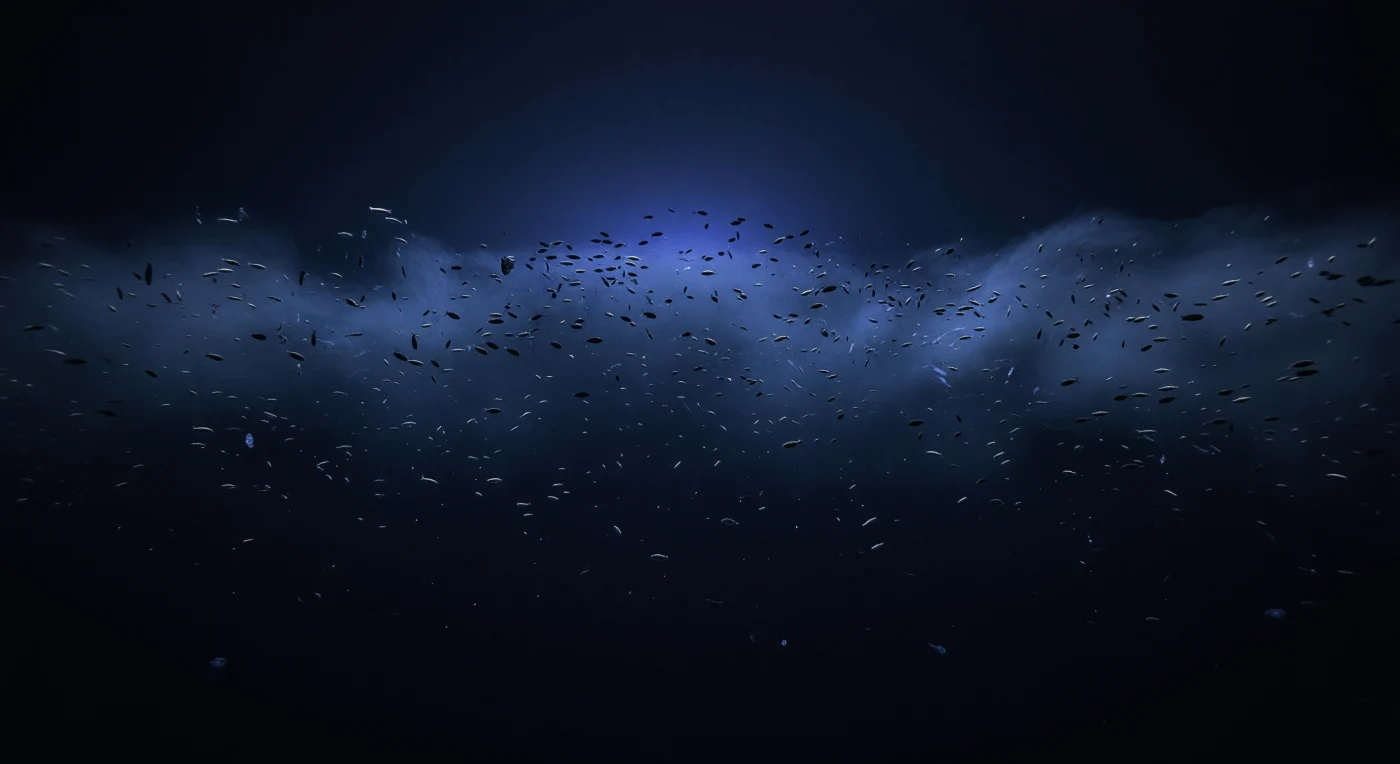 Attraverso il portello curvato del sommergibile, a trecento cinquanta metri di profondità dove la pressione supera le trentacinque atmosfere, si estende davanti agli occhi un orizzonte vivente che ha ingannato per decenni i sonaristi di mezzo mondo: lo strato biologico diffondente si manifesta come una nube di tempesta sospesa nell'acqua, una banda di carbonio e cobalto composta da migliaia di mictofidi, eufausiacei e gamberetti che formano insieme un bersaglio acustico così denso da essere scambiato per il fondale in piena guerra fredda. I pesci lanterna leggono quasi tutti come silhouette argenteo-nere contro il debolissimo soffitto luminoso che proviene da lontano in superficie, con lampi speculari occasionali e punti di fotofori appena percettibili, mentre krill e gamberetti vicini appaiono sospesi con una nitidezza quasi irreale nel volume d'acqua illuminato dai fari del veicolo tenuti al minimo, la loro luce fredda che si esaurisce entro pochi metri prima ancora di raggiungere la massa della nube. Ai margini dello strato derivano ctenofori trasparenti e forme gelatinose di una fragilità assoluta, creature che esistono in questo crepuscolo oceanico sfruttando proprio l'assenza di luce visibile per muoversi impunite tra i predatori, mentre la neve marina — particelle organiche che precipitano lentamente verso l'abisso — attraversa il fascio luminoso come polvere cosmica in caduta libera. Non esiste fondale visibile sotto di noi, nessuna roccia, nessun riferimento solido: soltanto acqua nera che si apre verso il basso, e sopra di essa questo confine biologico in continuo movimento, uno degli esempi più spettacolari di come la vita marina organizzi se stessa in strutture orizzontali di scala oceanica.