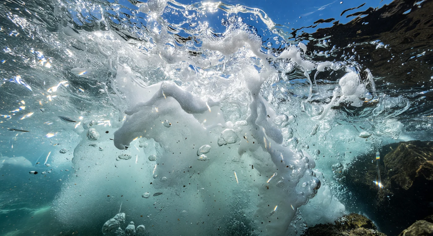 La superficie del mare esplode intorno al nuotatore libero in una cascata di bolle argentee e bianche: la frangia dell'onda che si abbatte sulla scogliera basaltica si traduce in una coltre caotica di microschiuma, filamenti liquidi traslucidi e zattere di schiuma lacerate, mentre la luce del sole allo zenit penetra attraverso la finestra di Snell distorta in lampi di cobalto e bagliori caustics acutissimi che illuminano il milieu torbido. Siamo nell'interfaccia aria-mare per eccellenza, il mezzo centimetro oceanico più ricco e trascurato di tutte le scienze marine: il microstrato superficiale concentra tensioattivi organici, film biologici, batteri e materia organica disciolta a densità decine di volte superiori rispetto all'acqua sottostante, rendendo ogni bolla un microreattore di scambio gassoso e attività microbica. La pressione qui è quasi identica all'atmosfera, eppure la violenza idrodinamica è estrema: le goccioline d'acqua strappate dai frangenti nebulizzano sale marino nell'aria mentre i granelli di sabbia e la polvere di basalto nero vorticano in striature turbolente insieme a giovanissimi cefali dal corpo argenteo che sfruttano la ricchezza trofica di questo strato caotico. I blocchi di basalto vulcanico affiorano sul margine del campo visivo, scuri e levigati dall'azione millenaria del moto ondoso, testimoni geologici della violenza che ha costruito questo promontorio e che ora lo consuma granello per granello.