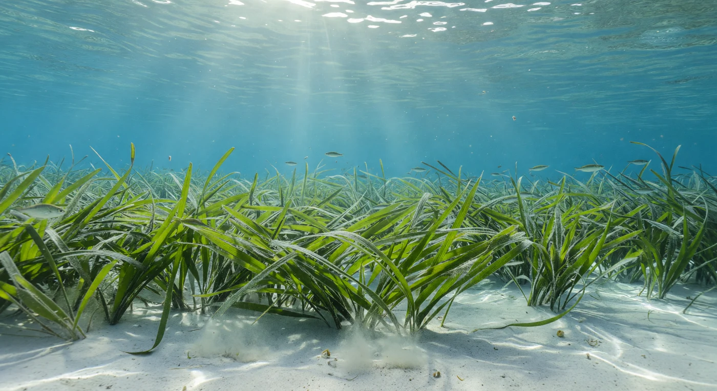 Nelle acque tropicali poco profonde, a pochi metri sotto la superficie agitata dalla marea, un'immensa prateria di *Thalassia testudinum* — la cosiddetta erba tartaruga — si piega in onde sincronizzate sotto la spinta della corrente, le lunghe lame nastriformi che formano un reticolo vivente sopra sedimenti carbonatici chiari e levigati. La luce solare naturale penetra dall'alto attraverso la colonna d'acqua blu-turchese, proiettando raggi divini cangianti e motivi caustici che scivolano incessantemente sulle lame fogliari e sulle increspature sabbiose del fondale, rivelando la texture epifitica — alghe, diatomee, foraminiferi — che colonizza ogni superficie disponibile. In questo strato eufotico, dove la fotosintesi supera la respirazione e la produttività primaria è massima, piccoli gruppi di giovanili — mojarre argentate, giovani grunt, avannotti quasi trasparenti — attraversano la sommità del manto erboso con movimenti precisi, ciascuno in cerca di rifugio o foraggio tra le lame, mentre vicino al fondale minuscole nuvole di detrito organico si sollevano e si disperdono nel flusso tidàle. Questo ecosistema costiero, tra i più produttivi della biosfera marina, esiste silenzioso e completo in sé stesso: nursery di specie pelagiche e demersali, serbatoio di carbonio blu, terreno di caccia per tartarughe marine e lamantini — un mondo ordinato di luce, corrente e vita che non ha bisogno di alcun testimone.