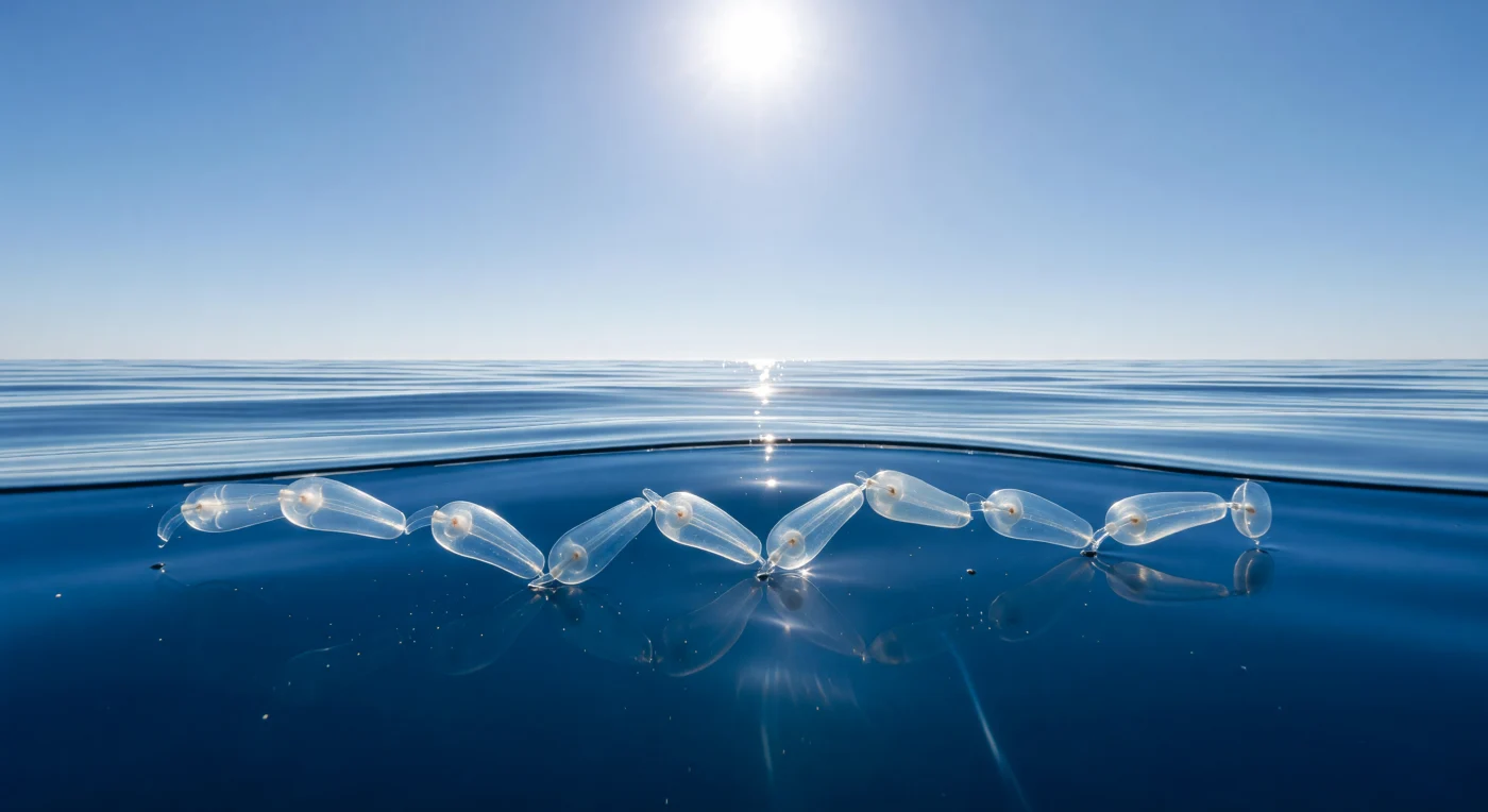 Sotto un sole di mezzogiorno quasi verticale, la superficie oceanica in assenza di vento diventa uno specchio di cobalto levigato, una *mer d'huile* percorsa solo da un impercettibile fremito capillare che increspa appena il riflesso del cielo bianco. A meno di un metro di profondità, una catena di salpe — *Salpa fusiformis* o forme affini — deriva sospesa nella colonna d'acqua, organismi tunicati coloniali il cui corpo gelatinoso è quasi del tutto trasparente, visibile solo là dove la luce solare diretta si rifrange sulle bande muscolari circolari e accarezza i minuscoli organi interni color ambra pallido, trasformandoli in frammenti di vetro animato percorsi da lampi argentei e blu. Le salpe filtrano continuamente il fitoplancton attraverso un sofisticato sistema di mucillagine interna, svolgendo un ruolo cruciale nel ciclo del carbonio oceanico: impacchettano materia organica in feci dense che affondano rapidamente verso il fondo, trasferendo carbonio fissato in superficie verso le profondità abissali in quello che gli oceanografi chiamano *biological carbon pump*. La luce cade quasi senza attenuazione attraverso un'acqua oligotrofica di eccezionale chiarezza — poche particelle in sospensione, nessuna turbolenza — e il colore vira dal cobalto luminoso all'ultramarino profondo con una gradazione che racconta la sterilità splendente di questo oceano aperto, un vuoto pelagico immenso e silenzioso che esiste perfettamente senza testimoni.