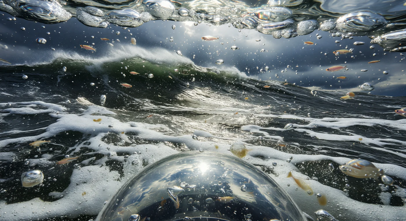 La superficie dell'oceano in tempesta non è un confine netto ma una zona di caos strutturato: il sommergibile avanza con la cupola di acrilico appena sommersa, e la videocamera anteriore inquadra un mondo diviso in due nature ostili che si compenetrano. Davanti, le facce delle onde si ergono in pareti verde-nere la cui sommità si squarcia in spuma orizzontale, proiettando filamenti di schiuma che sfrecciano a distanza di un braccio mentre le raffiche di un mare forza nove strappano l'interfaccia aria-acqua in migliaia di pellicole iridescenti e poliedri di bolla con riflessi speculari argentati e ombre blu-perlacee. Lo strato immediatamente sottostante — la zona epipelagica più superficiale, da pochi centimetri a un metro di profondità — è un ambiente scientificamente ricchissimo: la concentrazione di surfactanti organici, materia microbica e gas disciolti raggiunge qui i suoi valori massimi nell'intera colonna d'acqua, poiché ogni bolla che risale e scoppia agisce come un micro-concentratore chimico, arricchendo il microstrato superficiale di composti biologici altrimenti dispersi. In questo halo luminescente di backscatter argenteo generato dai milioni di microbollicine in sospensione, sciami di krill — corpi ambra-rosati, occhi neri riflettenti, zampe in movimento frenetico — si mantengono nel metro superiore sfruttando la turbolenza stessa come schermo dai predatori visivi, mentre il rumore della tempesta sopra si trasforma, vista dal basso, in un silenzio cavernoso e percussivo che fa sentire il sommergibile non come macchina ma come corpo animale spinto attraverso una matrice vivente di luce, gas e materia organica in perpetua trasformazione.