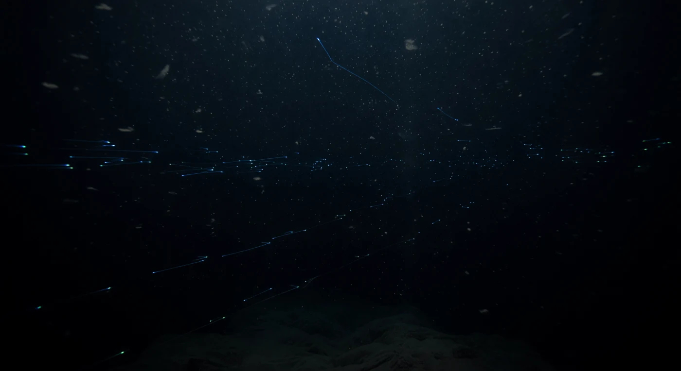 Nelle profondità hadali della Fossa di Kermadec, a migliaia di metri al di sotto di qualsiasi penetrazione solare, la colonna d'acqua esiste come un universo di pressione assoluta e silenzio primordiale: circa ottocento atmosfere schiacciano ogni molecola d'acqua, ogni corpo gelatinoso, ogni granulo di neve marina che deriva lentamente verso il basso attraverso strati sovrapposti di particolato sospeso. Sottili filamenti di bioluminescenza blu e ciano — tracce interrotte lasciate da minuscoli organismi planctonici e da forme gelatinose trasparenti che si muovono attraverso la nebbia nefeloide — si scrivono nell'oscurità per pochi centimetri prima di dissolversi nel nero assoluto, come scritture luminose immediatamente cancellate dalla vastità del buio. La neve marina, composta da aggregati di materia organica, frammenti di essoscheletri e cellule microbiali, scende in veli stratificati guidata da deboli correnti intrinsecamente formate dalla topografia della fossa, trasportando verso il fondo quel prezioso flusso di carbonio che sostenta l'intera fauna hadal — gli anfipodi giganti della specie *Hirondellea gigas*, gli xenofiofor sulle pendici soffici, i pesci lumaca traslucidi adattati attraverso meccanismi piezolitici alla pressione estrema. In basso, appena percepibile come una suggestione carboniosa nel gradiente blu-nero dell'acqua, giace un fondale arricchito di detrito organico concentrato dalla geometria della fossa stessa, una superficie che non conosce luce da ere geologiche e che esiste, immutata e indifferente, nel silenzio più totale.