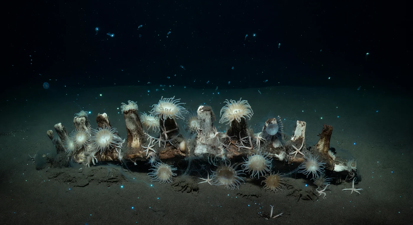 Nell'oscurità assoluta di fondali compresi tra i 2.500 e i 3.000 metri, dove la pressione supera i 250 atmosfere e la temperatura sfiora appena il grado centigrado, antiche vertebre di balenottera giacciono semisepolte nel silt abissale, trasformate dai decenni in una scogliera porosa di osso mineralizzato. Le cavità e gli archi vertebrali ospitano dense colonie di anemoni avorio, stelle serpentine dalle braccia articolate che si avvolgono tra le fessure, e tappeti di batteri filamentosi che si distendono come trame di seta pallida sull'osso e sul sedimento arricchito di sostanza organica — un'oasi di substrato duro in una pianura altrimenti silenziosa e spoglia. Lenti impulsi ciano-blu di sifonofori in deriva illuminano per frazioni di secondo la texture dell'osso antico, i tentacoli traslucidi, i riflessi verdeazzurri del plancton bioluminescente, prima che la scena ricada nel buio totale. Questo ecosistema si inserisce nel modello di successione dei whale fall descritto da Smith e Baco: dopo la fase di sciacallaggio e quella di arricchimento del sedimento, la produzione di solfuri alimenta comunità chemiosintetiche analoghe — per funzione, non per geologia — a quelle dei cold seep, facendo di una singola carcassa un'isola di biodiversità che persiste per decenni sul fondo dell'oceano.