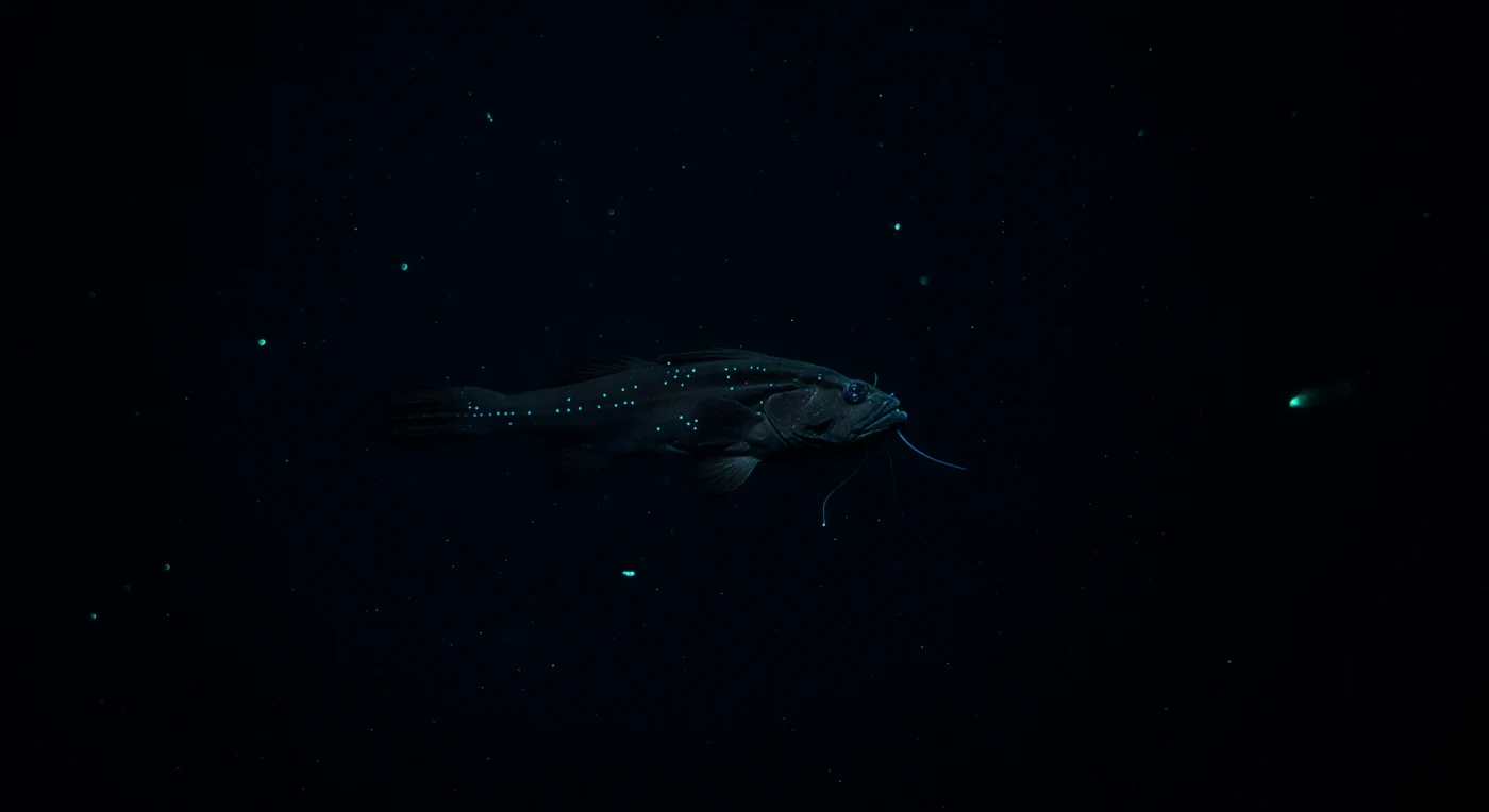 Nell'oscurità quasi totale della colonna d'acqua pelagica profonda, a pressioni che superano i duecento atmosfere, un dragonfish nero — *Melanostomias* o un suo parente della famiglia Stomiidae — sospende il proprio corpo allungato nell'acqua ferma come un segnale cifrato destinato a nessuno, il barbiglio mentale proteso verso il basso come un filamento sensoriale che interroga il buio. Le sue fotofore, disposte in file lungo i fianchi, emettono una luce ciano fioca e intermittente: non un richiamo per occhi umani, ma un linguaggio evolutivo scritto per altri predatori o potenziali prede in questa zona dove la luce solare è funzionalmente assente da centinaia di milioni di anni. A queste profondità — tra i mille e i quattromila metri — la bioluminescenza è l'unica illuminazione esistente, prodotta da organismi viventi attraverso reazioni chimiche a base di luciferina e luciferasi, un fuoco freddo che non scalda mai l'acqua intorno, fissata a circa due-quattro gradi centigradi. Frammenti di neve marina — materia organica in lenta caduta dalla superficie — derivano liberi in ogni direzione, catturati per un istante dal bagliore azzurrino del predatore prima di ricadere nel nero assoluto, in un oceano che esiste pienamente, silenziosamente, senza testimoni.