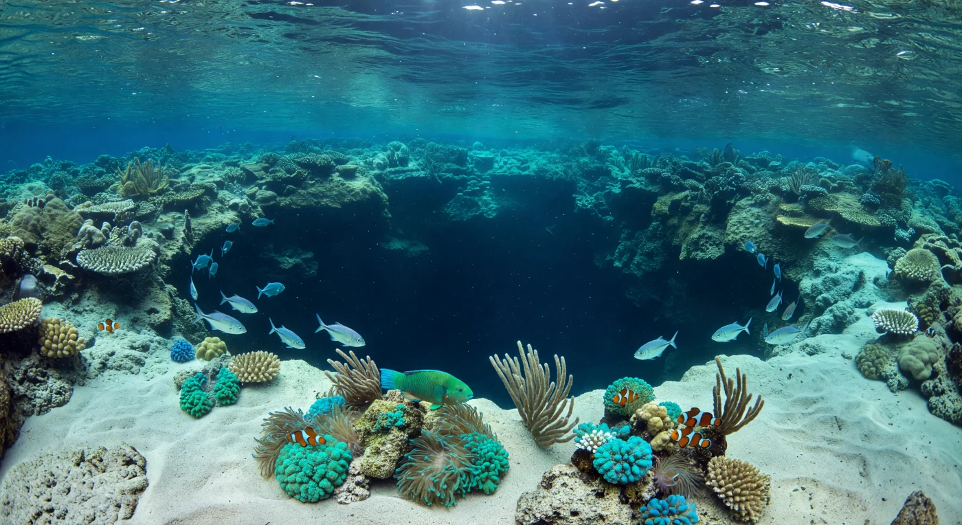 Alla soglia di un blue hole tropicale, la barriera corallina esplode in tutta la sua esuberanza biologica: polipi costruttori di carbonato di calcio innalzano architetture millenarie sotto una colonna d'acqua blu-verde attraversata da raggi solari che danzano in schemi caustici sulle teste coralline e sulla sabbia chiara, mentre un pesce pappagallo raschia metodicamente il substrato e un'anemone ospita tra i suoi tentacoli i suoi ospiti arancioni. A pochi centimetri più avanti, il bordo calcareo si interrompe con brutalità geometrica: la piattaforma carbonatica — calcite e aragonite accumulate in millenni di crescita durante e dopo l'ultimo massimo glaciale, quando il livello del mare era decine di metri più basso — cede a un pozzo verticale di indaco sempre più profondo, le cui pareti calcaree mostrano cavità, sottosquadri e morfologie carsiche nate dall'erosione subaerea. Un anello di lecce argentate, *Caranx* spp., circola con precisione quasi geometrica lungo la linea di confine tra la luminosità epipelagica e la discesa verso l'oscurità, sfruttando i gradienti termici e le correnti ascensionali che l'inghiottitoio genera. Con la profondità, il rosso e l'arancio scompaiono prima, poi il giallo, finché non rimane che il blu cobalto, poi il blu quasi nero: una transizione cromatica che obbedisce all'assorbimento selettivo della luce nell'acqua marina, e che rivela un abisso cilindrico esistente da molto prima che qualunque occhio potesse guardarlo.