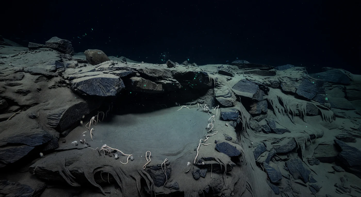 Sotto la sporgenza di roccia spaccata dalla pressione, decine di migliaia di metri di colonna d'acqua gravano su ogni centimetro quadrato di questo fondale immobile, con una forza superiore ai sessanta megapascal che modella ogni forma di vita possibile, ogni struttura molecolare, ogni strategia di sopravvivenza. Il silt grigio cenere che tappezza la piccola sacca riparata è percorso da sottili tubi agglutinati — costruzioni di foraminiferi e altri organismi bentonici che incollano granuli di sedimento per creare fragili dimore tubulari — e da minuscoli crostacei anfipodi che aderiscono al substrato sfruttando la calma relativa offerta dall'aggetto roccioso rispetto al flusso nefeloidale esterno. Nell'oscurità permanente che nessuna luce solare ha mai raggiunto, sporadici lampi smeraldo e verde-azzurro si accendono nel volume d'acqua aperta oltre la sporgenza: bioluminescenza emessa da organismi alla deriva, che per un istante traccia il bordo frastagliato della roccia e la neve marina che scende lenta, particelle organiche e inorganiche sospese in un'acqua vicina al punto di congelamento, densa e pressurizzata come nulla di ciò che esiste in superficie. Le pareti ravinate della spalla della fossa precipitano verso il basso in blocchi di talus e fasce di sedimento scorticato, rivelando la geometria tettonica del fondale: faglie, piani di rottura, superfici che portano impressa la storia di una litosfera che scende in subduzione, indifferente e silenziosa, in un mondo che non ha mai conosciuto testimoni.