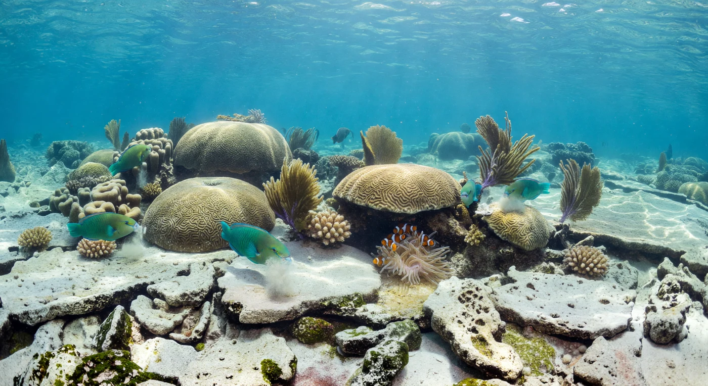 Sotto la superficie trasparente del mare tropicale, la luce solare penetra in fasci mossi e vibranti, disegnando arabeschi luminosi sulla pavimentazione carbonatica della terrazza: un paesaggio costruito negli eoni dalla paziente geometria dei polipi. Le cupole massicce dei coralli hermatipici si elevano dal fondale come cattedrali calcaree, le loro superfici vive incrostate di alghe turf e percorse dai segni dell'erosione biologica — tracce lasciate ogni giorno dal lavoro inesausto dei pesci pappagallo, che con i loro robusti becchi cheratinosi raschiano il carbonato, liberando nuvole lattiginose di polvere finissima che si disperdono lentamente nella colonna d'acqua azzurra. A pochi decimetri di profondità, la pressione è già doppia rispetto all'aria, eppure questo mondo frenetico di simbiosi e competizione procede indifferente: le gorgonie ondeggiano dolcemente nella corrente, un'anémone nasconde tra i suoi tentacoli traslucidi un piccolo gruppo di pesci pagliaccio in una fessura riparata, e i frammenti di scheletro corallino sparsi sul fondo testimoniano secoli di costruzione e crollo. La barriera corallina non è una scenografia immobile, ma un organismo collettivo in perpetuo divenire: ogni granello di sabbia bianca che si deposita tra i detriti rubble è, in realtà, carbonato di calcio già vivo — frammento di polipi, denti di pesci, gusci di molluschi — restituito al fondale in un ciclo geologico che si compie silenziosamente, senza testimoni.