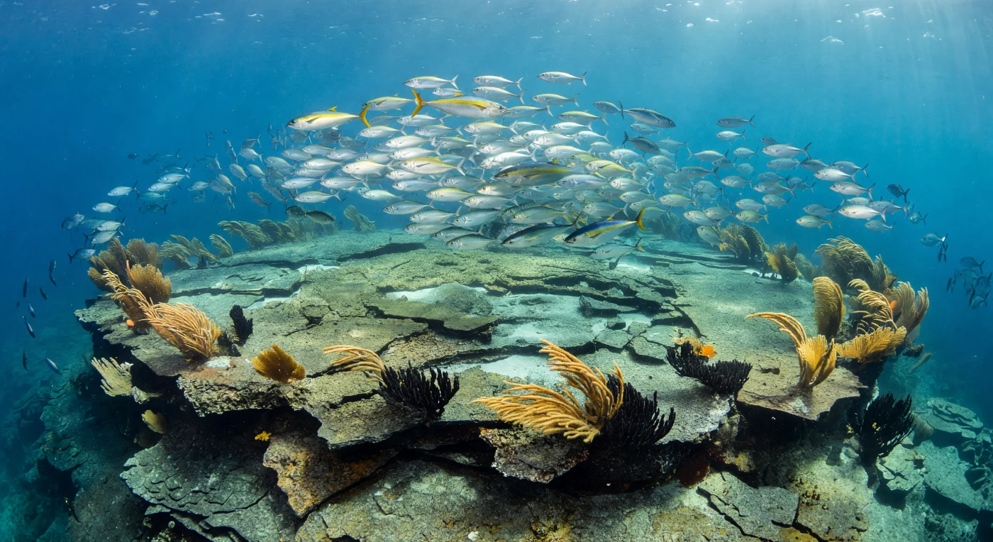 Sulla sommità di un monte sottomarino di origine vulcanica, il sole mattutino penetra la colonna d'acqua limpida e oceanica in fasci obliqui che disegnano caustics tremolanti sul basalto fratturato e sul pavimento carbonatico del plateau — un paesaggio forgiato da antiche eruzioni e poi modellato da millenni di correnti e subsidenza. Decine di migliaia di piccoli pesci foraggeri, probabilmente sardine o engraulidi, si comprimono in una nuvola argentea vivente, una baitball serrata che si contorce e si ripiega su sé stessa come un'unica mente fluida, ogni scaglia che cattura la luce solare in lampi di acciaio e argento. Attraverso questa massa pulsante si lanciano tonni obesi a pinna gialla — *Thunnus albacares* — con la muscolatura potente che li porta a velocità di quasi due metri al secondo, le pinne gialle e il fianco dorato che tracciano archi brillanti nel blu prima che virino di nuovo con precisione cinetica. Lungo il bordo del plateau, gorgonie e coralli neri si ancorano ai margini dove il substrato duro precipita nel vuoto cobaltino dell'oceano aperto, mentre banchi di carangidi girano in formazioni serrate sfruttando l'accelerazione idrodinamica che la topografia impone al flusso. Questo promontorio isolato funziona da oasi pelagica: la topografia forza la risalita di acque più fredde e ricche di nutrienti, concentra il plancton, richiama la catena trofica intera in un equilibrio dinamico che esiste, si rinnova e si consuma in perfetto silenzio, senza testimoni.