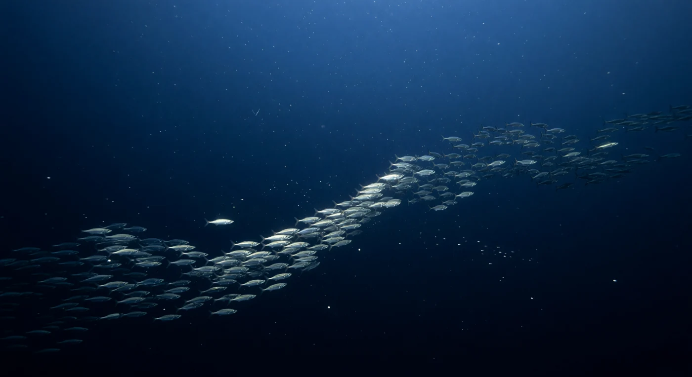 Nell'oscurità cobalto della colonna d'acqua aperta, a trecento metri di profondità dove la pressione supera i trenta atmosfere, una coltre di luce residua filtra lentamente dall'alto come un soffitto luminoso lontanissimo, degradando dal blu pallido al nero quasi assoluto verso il basso. In questo crepuscolo oceanico si snoda un fiume vivo: decine di migliaia di *Maurolicus* e affini pearlside si muovono in formazione sinuosa, le loro fiancate argentee — veri e propri specchi biologici costruiti da strati di guanina cristallizzata — lampheggiano in onde coordinate ogni volta che la scuola piega su se stessa, un meccanismo di contro-illuminazione che dissolve il profilo di ciascun individuo contro la fievole luminescenza proveniente dall'alto. La trasparenza delle pinne e la grandezza degli occhi ipertrofici rivelano l'adattamento di questi piccoli pesci mesopelagici — lunghi appena tre o quattro centimetri — alla caccia e alla sopravvivenza in un ambiente dove ogni fotone è prezioso e ogni sagoma scura è un tradimento. Ai margini della scuola, sparsi nell'acqua immobile e carica di neve marina, alcuni puntini bioluminescenti brillano nel buio senza origine apparente, testimoni silenziosi di un ecosistema vasto e nascosto che esiste da millenni in perfetta, indifferente autonomia.