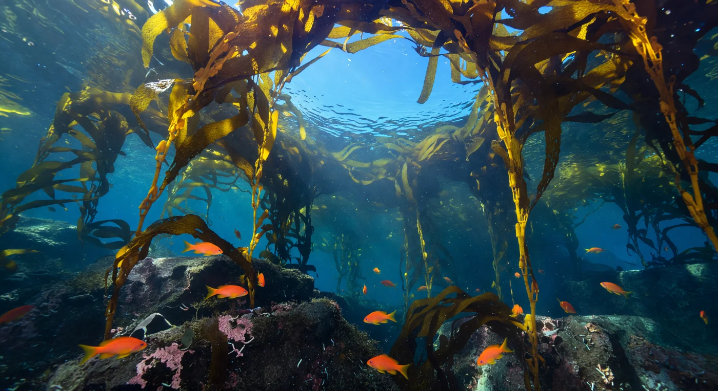 Nella foresta di kelp temperata, i lunghi stipes dorati di *Macrocystis pyrifera* si innalzano dal fondale roccioso verso la superficie, le loro lame e pneumatocisti — le vesciche d'aria che li tengono eretti — formando una volta pressoché continua che filtra e trasforma la luce solare in un gioco ondulante di caustic patterns sul basalto ricoperto di alghe coralline rosa. Un'apertura ovale nella canopia rivela il blu cobalto e turchese delle acque superficiali, dove la radiazione solare penetra indisturbata nell'oceano, superando i cento watt per metro quadro, e invia raggi obliqui verso l'understory in ombra dove plancton e particolato organico brillano come polvere d'argento sospesa. Tra i fusti del kelp e sopra i ripiani di roccia scivolano i garibaldi, *Hypsypops rubicundus*, pesci teleostei strettamente endemici della California e della Bassa California: il loro arancione acceso — prodotto da pigmenti carotenoidi — splende come braci contro l'azzurro freddo circostante, segnale visivo potente in acque dove la luce del cielo pervade ancora ogni angolo. Questa zona epipelagica, da zero a circa duecento metri, è il motore fotosintetico dell'oceano globale: qui il fitoplancton fissa carbonio, gli zooplancton pascolano, i pesci si riproducono, e l'intera architettura della produttività marina prende forma nella luce — un mondo che esiste nella piena pienezza del giorno, silenzioso e completo, senza bisogno di nessuno sguardo esterno.