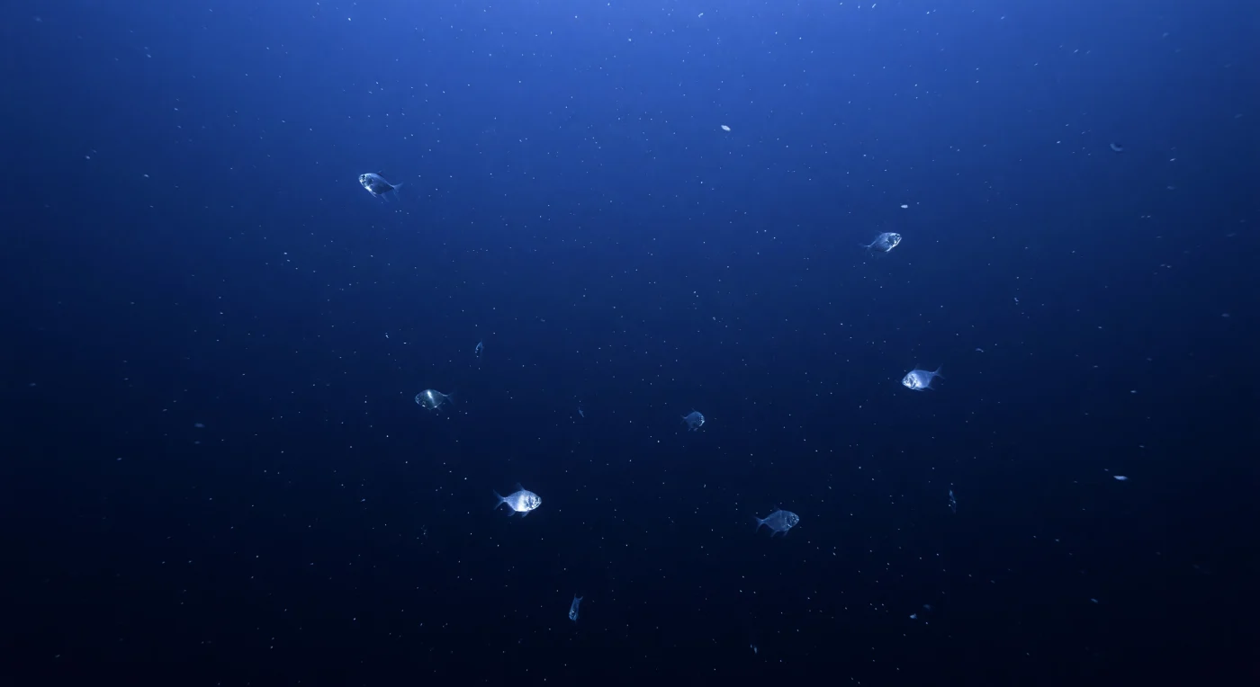 Tra i 250 e i 320 metri di profondità, la colonna d'acqua si distende in un gradiente cobalto che sfuma impercettibilmente verso il blu-nero, mentre l'ultima luce solare filtra dall'alto ormai ridotta a un chiarore diffuso e privo di direzione, insufficiente per la fotosintesi ma ancora abbastanza presente da disegnare le sagome degli organismi che vi nuotano immersi. Una pioggia sottile di neve marina attraversa silenziosamente questo spazio aperto: frammenti organici, feci compattate, cellule morte e aggregati mucosi scendono lentamente verso il basso come messaggeri della superficie, trasportando carbonio e nutrienti nelle profondità buie. Sospesi in questo vuoto pelagico, i pesci accetta — *Argyropelecus* e generi affini — occupano la colonna d'acqua con i loro corpi lateralmente compressi e rivestiti di scaglie specchianti, i grandi occhi rivolti verso l'alto per individuare silhouette di prede contro quel residuo di luce zenitale, mentre i fotofori ventrali emettono una controilluminazione bioluminescente che annulla la loro ombra e li rende quasi invisibili a chi li osservi dal basso. A queste pressioni — superiori a 25–30 atmosfere — la biologia si è adattata con soluzioni straordinarie: membrane cellulari modificate, assenza di vescica natatoria rigida, pigmenti e strutture ottiche che sfruttano ogni fotone disponibile. Questo strato mesopelagico superiore esiste in se stesso, indifferente e continuo, percorso da migrazioni verticali quotidiane e da cicli ecologici che si svolgono nell'oscurità crescente senza testimoni.