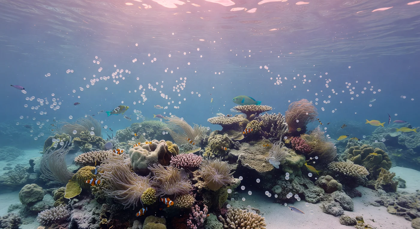 Nel crepuscolo tropicale, gli ultimi raggi di sole filtrano attraverso la superficie increspata proiettando un velo rosato che sfuma gradualmente nel blu-verde profondo, mentre i raggi luminosi danzano con delicatezza sui bommies di corallo e sulle tasche di sabbia bianca. È la notte dell'evento più straordinario della barriera corallina: la spawning sincrona, quella straordinaria sincronizzazione riproduttiva innescata dalla luna e dalla temperatura dell'acqua, durante la quale milioni di coralli rilasciano simultaneamente bundle di gameti — sfere pallide e translucide che salgono lentamente verso la superficie come una nevicata invertita, trasportando uova e sperma verso l'incontro aperto nella colonna d'acqua. Le bommies calcaree, architetture costruite nei secoli dalla deposizione di carbonato di calcio da parte dei polipi zooxantellati, sono popolate da gorgonie che ondeggiano nella corrente, da coralli ramificati e massicci, da anemoni che custodiscono i loro clownfish simbiotici, mentre i pesci planctivori stazionano immobili nel velo di spawn in attesa di nutrirsi. In quest'acqua tiepida e limpida a temperatura tra i 27 e i 29 gradi, a pressione appena superiore all'atmosfera, tutto esiste in una silenziosa urgenza biologica — la barriera che respira, si riproduce e persiste, indifferente e meravigliosa, nell'oscurità che avanza.