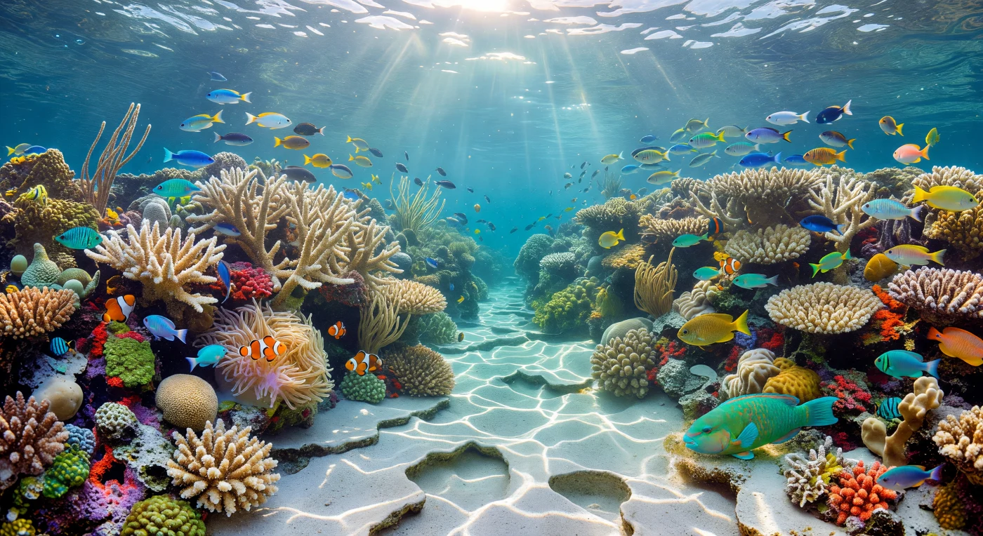 Nel cuore della barriera corallina tropicale, un canale stretto e levigato dall'azione incessante del moto ondoso incanalizza correnti ritmiche sopra un pavimento di calcare bianco, la cui superficie è scolpita in scanalature, conche e bacini levigatissimi da millenni di abrasione idraulica. Lungo i fianchi del canale si ergono fitte distese di corallo staghorn — *Acropora* spp. — i cui rami ramificati ospitano polipi vivi che estraggono carbonato di calcio dall'acqua per costruire l'architettura della scogliera, mentre teste corallite nodose e coralli incrostanti coprono ogni superficie disponibile; i gorgoni più esili oscillano in accordo con la pulsazione della risacca, orientati perpendicolarmente alla corrente per massimizzare la cattura di zooplancton. Nuvole di piccoli pesci — labridi, antiadontidi, chromis — si muovono in nastri sincronizzati sopra le ramificazioni, la loro coordinazione collettiva una risposta evolutiva ai predatori, mentre un pesce pappagallo dai colori accesi raschia il substrato con il suo becco cheratinoso, triturando carbonato e alghe simbiotiche in una polvere bianca che si disperde nella colonna d'acqua. Tutto è percorso da una luce solare diretta che filtra attraverso la superficie increspata in reti di caustiche danzanti — nervature luminose che scivolano su rami corallini, squame di pesce e sabbia carbonatica — a una profondità dove la pressione supera di poco i due atmosfere assolute, l'acqua è calda, ossigenata e di una trasparenza eccezionale, e l'intera struttura biologica esiste da sola, senza testimoni, pulsando nel proprio tempo irreversibile.