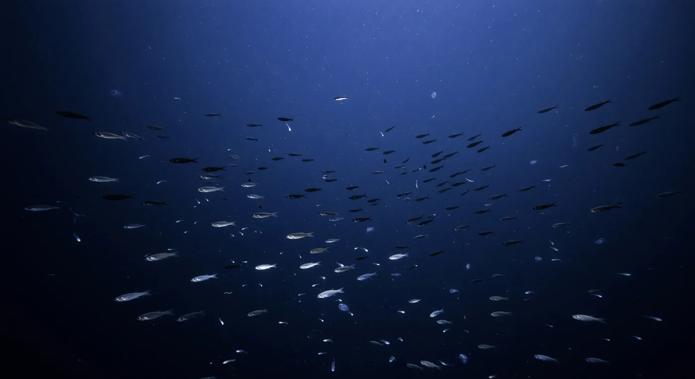 黄昏が迫る水深280メートル、AUVの前方カメラは上方へと向けられ、遠く頭上には青みがかった微かな光の天蓋がぼんやりと広がり、中心から外縁へと淡いコバルトブルーが藍色へ、やがてほぼ完全な暗黒へと溶け込んでいく——それは太陽の最後の光が中層帯を透過した、か細い残照に過ぎない。その光の中を、数千尾のマイクトファ科魚類（ハダカイワシ類）が幾重にも連なりながら浮上してくる。昼間は深海の音響スキャッターとして知られるこの「深層散乱層」が、今まさに地球規模の日周鉛直移動の一端として水面へ向けて動き出す瞬間であり、約21〜30気圧の冷たい圧力が水柱全体を静寂で満たす中、個々の魚体は弱い下降光に脇腹を翻すたびに刃のような銀色の閃光を放つ。遠方の個体ほど微粒子状の「マリンスノー」と透明なクテノフォア、小型のオキアミやエビとともに靄の中に溶け、近傍の個体だけがAUV本体からの僅かな光の余波に照らされる。ここには地質学的な底も、静止した景観もなく——あるのはただ、生命が織りなす動く生物学的地平だけだ。