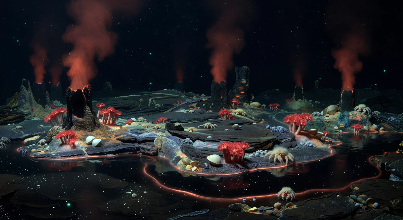 中央海嶺の裂け目に沿って、噴出したばかりの玄武岩が鈍いオレンジ=赤の熱光を放ち、氷点に近い深海水との境界では目に見えない熱揺らぎが光を歪める——水深1,000メートルを超える絶対暗黒の世界で、太陽の光は永遠に届かない。350℃に達するブラックスモーカーの煙突が硫化物の塔として林立し、その煙流は化学発光の淡い霞となって新鮮な岩盤の亀裂や硫黄粒子に覆われた光沢ある溶岩面をうっすらと浮かびあがらせる。光合成ではなく化学合成を基盤とするこの生態系では、スカーレット色の羽根飾りを持つリフティア管ワームが白い管から群生し、鉱物質の堆積物に半身を埋めた白いシロウリガイが熱水の縁に並び、ヤティクラブが硫化物の岩棚を静かに歩く。数百気圧の圧力が支配するこの空間では、マリンスノーと硫黄塵と微細な鉱物粒子が果てしない暗闇の中を漂い、微生物の薄膜が玄武岩の表面に幽かな虹彩光を与えている。水柱の彼方はコバルトブラックから絶対的な黒へと沈み、散発する青緑色の生物発光の点滅だけが、この世界が沈黙の中で脈動し続けていることを告げている。