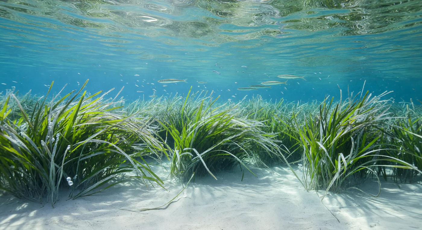 地中海の浅瀬、水深わずか数メートルの海底に、*Posidonia oceanica*の草原が広大なリボン状の葉を潮流に揺らしながら広がっている。水面から差し込む陽光はコースティクスの網目を砂地に描き、各葉脈の細部を鮮明に照らし出す——光合成の副産物である酸素の微小な気泡が、一部の葉身にダイヤモンドのように貼りついている。このポシドニア草原は単なる植物群落ではなく、地中海沿岸生態系の礎石であり、数百種の無脊椎動物・魚類・頭足類に産卵場と幼生育成地を提供する青い揺り籠である。水面直下では、細長いダツ(*Belone belone*)の群れが銀の糸を引くように泳ぎ、その下の草冠には半透明の稚魚たちが群れ、捕食者から身を隠しながら生命のサイクルを繰り返している。人間が存在しないこの浅海に、1気圧から2気圧の穏やかな水圧と、塩分36〜39 PSTの安定した海水が満ち、花被植物が海中で根を張り光合成を行うという地球上でも稀有な生態系が、誰に見られることもなく今日も静かに機能し続けている。