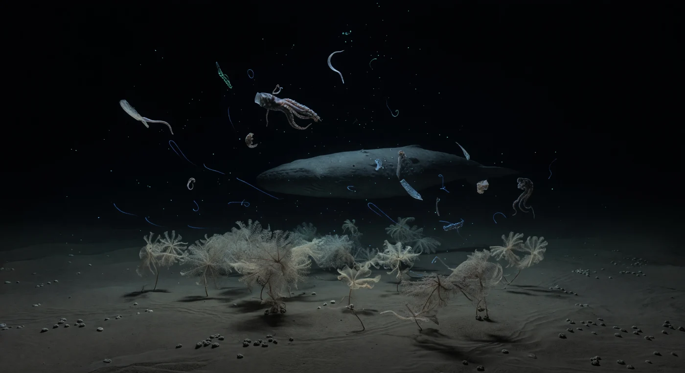 深度4,000メートルを超える漆黒の水塊の中で、マッコウクジラ（*Physeter macrocephalus*）の巨大な影がゆっくりと底層をかすめるように漂い、その淡く傷だらけの体側には、かつての激闘を物語る無数の円形の吸盤痕が刻まれている。約400気圧という凄まじい静水圧に満ちたこの環境では、太陽光は微塵も届かず、ダイオウイカ（*Architeuthis dux*）との暗闘の痕跡だけが冷たい水柱を静かに落下していく——引き裂かれた半透明の外套膜、鉤状の吸盤が並ぶ切断された腕の断片、そして細い帯状の組織片が、乱された発光プランクトンの青緑色の微光を纏いながら、マリンスノーとともに深みへと沈んでいく。その破片が舞い降りる先の泥底には、異形の単細胞生物であるクセノフィオフォア（Xenophyophore）が幽霊のようなレースと羊皮紙状の花弁を広げる広大な群落を形成し、堆積物の表面にはマンガン団塊が点在し、底層濁度層の微細な粒子が光のない深淵に霞のように漂っている。生物発光の散発的な閃光だけがこの世界を縁取り、寒冷で貧栄養な深海平原の静寂と、そこに人の目が一切介在しない完全な孤絶とを、ただ黙々と証言している。