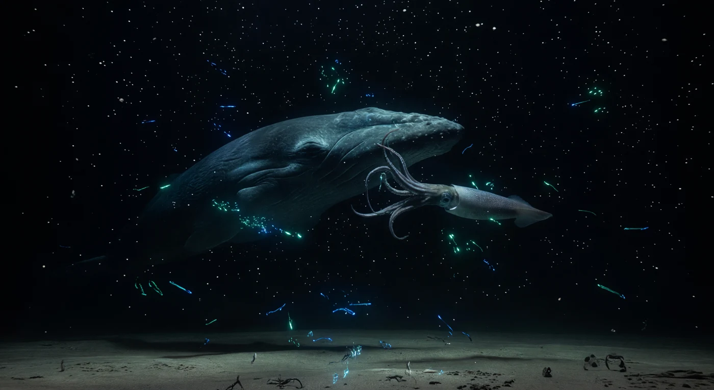 深さ4000メートルを超える暗黒の水柱において、マッコウクジラ（*Physeter macrocephalus*）が静寂の中を突き進む——その巨大な額には無数の吸盤痕が刻まれ、過去の死闘の記憶を皮膚に刻印している。圧力は400気圧を超え、水温はわずか1〜2℃、太陽光は地上のはるか彼方に消え去り、ここには人工の光源など存在しない。ダイオウイカ（*Architeuthis dux*）が急加速すると、その触腕の付け根から乱された発光生物が青緑色の火花を散らし、捻じれる腕の鉤付き吸盤が一瞬だけ生物発光の冷たい輝きに縁取られる——まるで壊れた星座が水中に解けてゆくかのように。両者の周囲には、マリンスノーと呼ばれる有機粒子が絶え間なく降り注ぎ、死んだ生物の破片、糞粒、細菌叢のかけらが数千メートルの暗闇を静かに沈下してゆく。はるか下方には深海底平原がかすかな灰褐色の平面として横たわり、マンガン団塊が点在する堆積物の上で緩慢な底生生物たちが蠢くが、この壮絶な捕食の瞬間は純粋に遠洋の闇の中で完結し、誰にも目撃されることなく、宇宙と同じくらい古い沈黙の中に溶けてゆく。