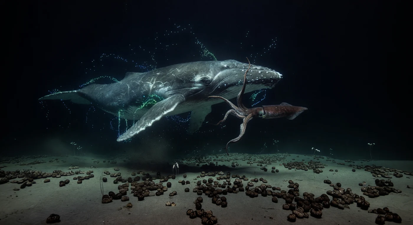 深海の暗黒の中で、二つの巨大な生命体が激突する——全長十数メートルに達するマッコウクジラ（*Physeter macrocephalus*）が、ダイオウイカ（*Architeuthis dux*）の腕に全身を絡め取られながら、その顎を相手の胴体へと向けている。水深四千メートルを超えるこの場所では、圧力は四百気圧を上回り、水温は二度前後で一定し、太陽光の一欠片も届かない完全な暗闇が支配している。イカの触腕に備わった鉤爪状の吸盤がクジラの皮膚に食い込み、その抵抗の軌跡に沿って青緑色の生物発光が渦巻き状に散り、乱流が描く微細な光の粒が二体を取り巻く漆黒の水塊の中へと溶けていく。遥か眼下には多金属団塊（マンガン団塊）が茶黒い堆積物の上に散在し、その隙間にはウミエラがわずかな存在感で揺れており、この深海底が極めて貧栄養でありながらも確かに生きていることを静かに示している。マリンスノーが重力に従って全方位から漂い落ちる中、捕食者と被食者の戦いは人類のまなざしとは無縁の場所で、ただ圧倒的な静寂と深淵の重さの中に刻まれている。
