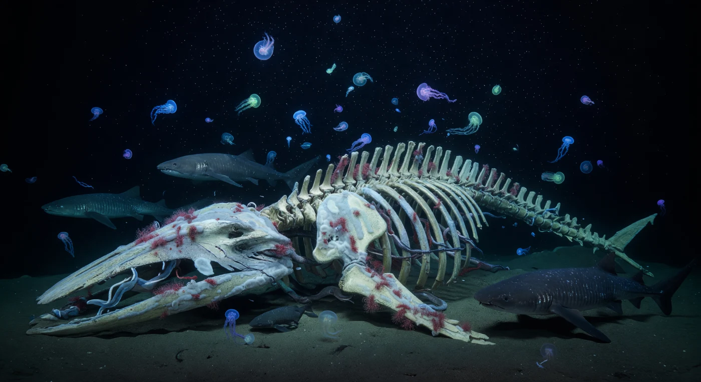 深さ約2,500メートルの冷たい暗闇の中、クジラの骨格が細かな堆積物に半ば沈み込み、白く鉱化した肋骨が大聖堂のアーチのように海底から立ち上がっている。骨の表面には乳白色の硫化物細菌マットが厚く広がり、深紅色のオセダックス・ワームが骨髄の奥深くまで穿孔しながらコラーゲンと脂質を摂取し、ヌタウナギが椎骨の隙間をぬうように漂っている。これはスミスとバコが記述したクジラ落下の硫化物還元段階であり、単一の死骸が化学合成を基盤とする独自の生態系を数十年にわたって支え続けるという、深海における孤立した生命の島の姿である。骨格の上方では、クシクラゲと花水母が青、シアン、淡い紫の渦を描きながら脈動し、その生物発光の光輪がマリンスノーの粒子をかすかに照らしながら一本一本の肋骨の弧を束の間に描き出す。この場所には人工の光も機器も存在せず、生物自身が発する冷光だけが、数百万パスカルの水圧に封じられた原始的な静寂の中で揺れている。