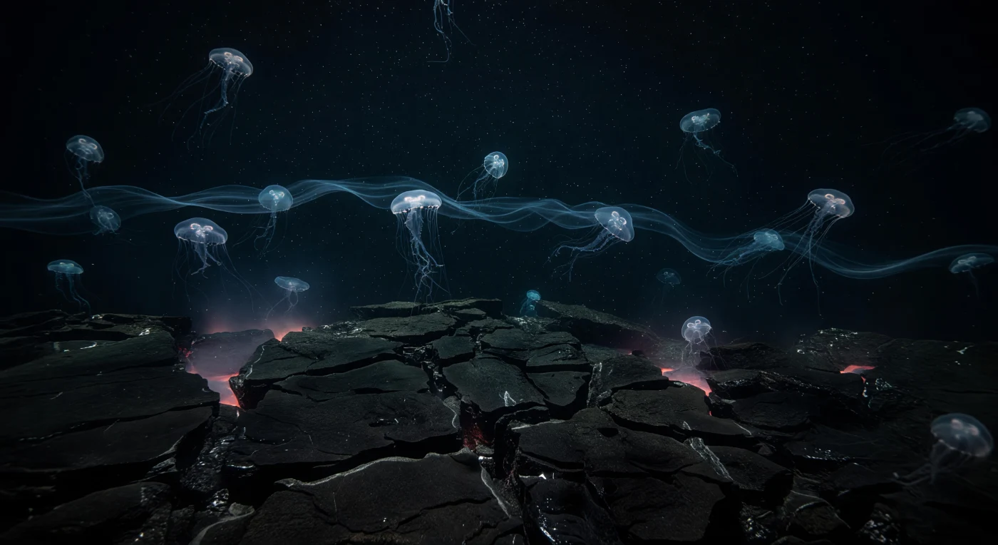 Above a mid-ocean ridge crest where tectonic plates are slowly wrenched apart, transparent pelagic jellies — medusae and siphonophores among them — pulse through water held at near-freezing temperatures under pressures exceeding 200 to 300 atmospheres, their soft bodies utterly indifferent to forces that would crush any rigid structure. The only illumination here is biological: cyan and blue-violet bioluminescent pulses ripple through radial canals and trailing filaments, each animal's photophores triggering neighbors in a chain reaction that maps the invisible layered currents flowing over the volcanic spine below. That spine is freshly born geology — black glassy pillow lavas, eruptive fissures still sharp-edged, basaltic hummocks built by magma rising where the lithosphere tears — and from narrow cracks along the crest, diffuse hydrothermal circulation exhales a faint thermal shimmer and chemiluminescent haze, a ghost-glow of chemical energy that underwrites an entire food web unconnected to the sun. Marine snow — the perpetual slow rain of organic particles, mineral flakes, and microbial aggregates — drifts freely past bell margins and hair-thin tentilla, marking the stillness of a water column so removed from the surface that it constitutes its own interior ocean, ancient, pressurized, and entirely self-sufficient, pulsing with cold light long before anything capable of witnessing it ever existed.