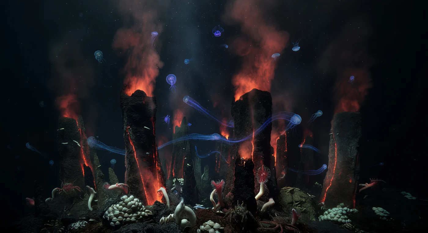 From fissures in fresh basalt along a mid-ocean ridge, superheated water charged with dissolved minerals erupts into the surrounding cold abyss, precipitating towering sulfide spires and black smoker chimneys that rise through pressures exceeding two hundred atmospheres — a world where tectonics and chemistry sustain life in complete sunless isolation. The only illumination here is Earth's own: faint chemiluminescent glows tracing the edges of newly formed mineral crusts, and the living phosphorescence of gelatinous animals drifting above the spire field in the open bathypelagic water column. Comb jellies and medusae pulse through the mineral haze, their bodies nearly transparent, made visible only by the blue, violet, and cyan bioluminescence their own tissues generate — trailing luminescent calligraphy through water that has not known sunlight for millennia. At the base of the chimneys, dense chemosynthetic communities — mats of sulfur-oxidizing bacteria, clusters of Calyptogena clams, pale Riftia tubeworms drawing sulfide directly from the vent flux through their trophosome organs, and slow-moving yeti crabs harvesting microbial films from mineral terraces — testify to an entire food web built on hydrogen sulfide rather than solar energy. Fine marine snow and mineral particles settle in absolute silence through this pressurized darkness, and the spires disappear upward into blackness, primordial and continuous, existing as they have long before any eye was present to perceive them.