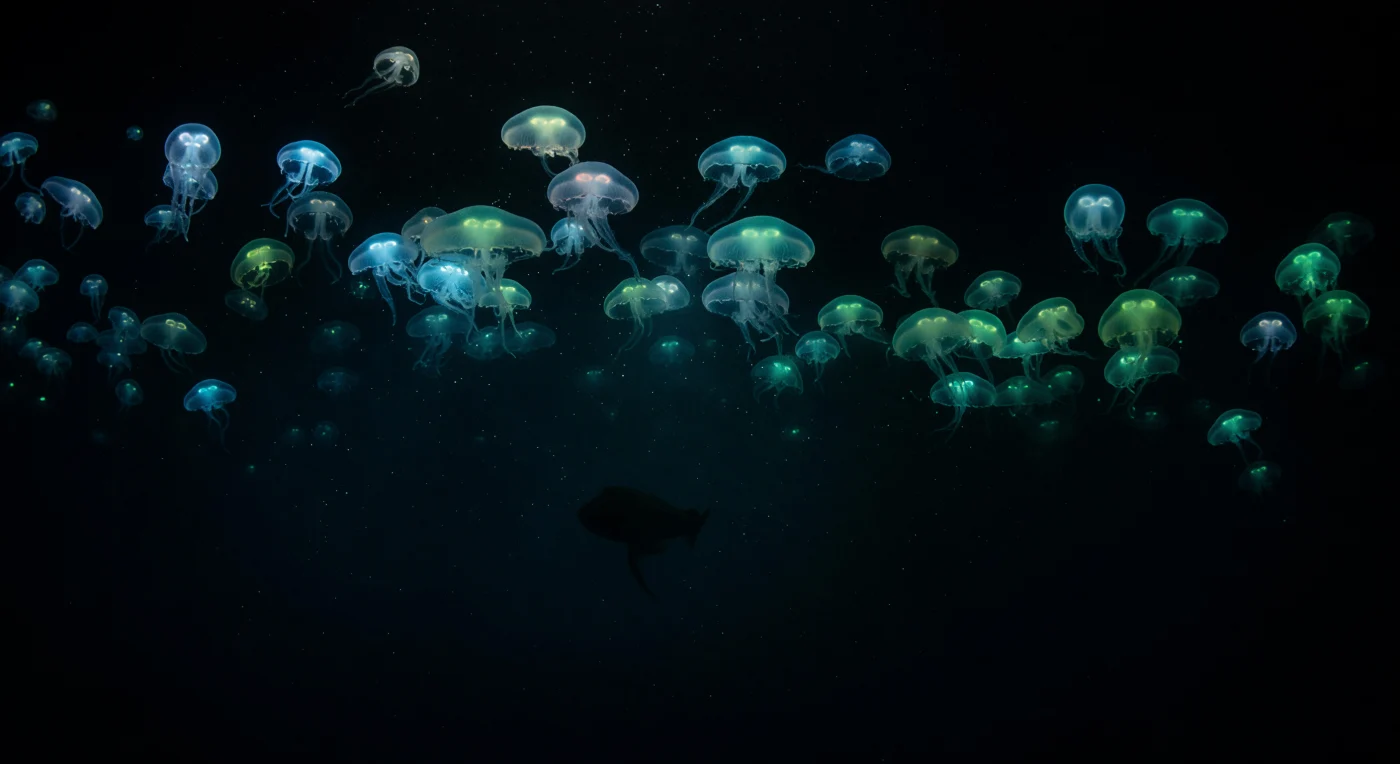 Between one thousand and four thousand meters below the surface, the midnight zone is a world of absolute cold, crushing pressure, and self-generated light. Here, where hydrostatic force reaches two hundred atmospheres or more, colonies of gelatinous medusae drift through vast black water in layered formation, their translucent bells and radial canals firing successive pulses of cold cyan and blue-green bioluminescence — a living canopy assembled not by any coordinated behavior but by the same dark currents that carry marine snow through the void in every direction. Each medusa is a pressure-adapted architecture of near-transparent mesoglea and delicate oral arms, tissue so gossamer it seems impossible under such compression, yet biochemically tuned to function perfectly in the cold and dark. Beneath this flickering ceiling of biological light, a deeper silhouette moves without illumination — a bathypelagic predator, perhaps a dragonfish or a large cephalopod, using the darkness itself as cover while scanning the luminous canopy above for the behavioral signatures of prey. This is the ocean as it has always been: layered, patient, and radically self-sufficient, its only light produced by the animals themselves, its only sound the faint hydrodynamic pressure of bodies passing through water that has never known the sun.