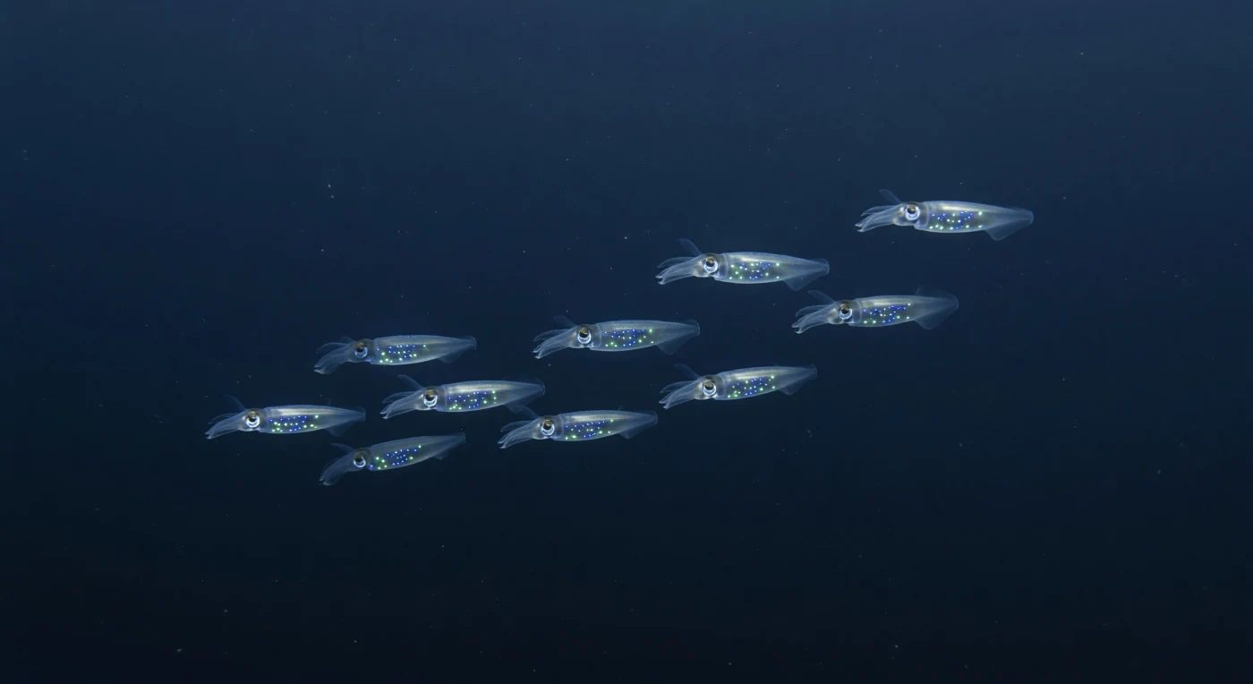 At depths where sunlight dissolves into a dim, diffuse blue and pressure climbs to tens of atmospheres, a small procession of jewel squid — likely *Histioteuthis* or a closely related enoploteuthid — crosses open midwater on a diagonal path through the pelagic void. Each compact animal, no longer than a human hand, carries rows of photophores along its ventral mantle and arm crowns that pulse in crisp blue-green points, some firing in synchrony, others offset in a scattered, asynchronous constellation of living light — a display thought to function in counterillumination, breaking up the squid's silhouette against the faint residual downwelling that still penetrates from far above. That residual light, attenuated to a near-monochromatic twilight blue and carrying only a fraction of a percent of surface intensity, renders the animals as faint glassy silhouettes, their transparent tissues and large dark eyes betraying the visual arms race that has shaped midwater fauna across hundreds of millions of years. Sparse marine snow — disaggregated organic matter sinking from the productive surface — drifts freely between the squid, each particle a reminder that this column of cold, oxygen-minimum water is neither empty nor inert but a living highway of vertical migration and chemical flux. Here, in the absolute silence of the open ocean's interior, bioluminescence is not spectacle but ecology — the primary currency of visibility, predation, and concealment in a world that has never required the sun.