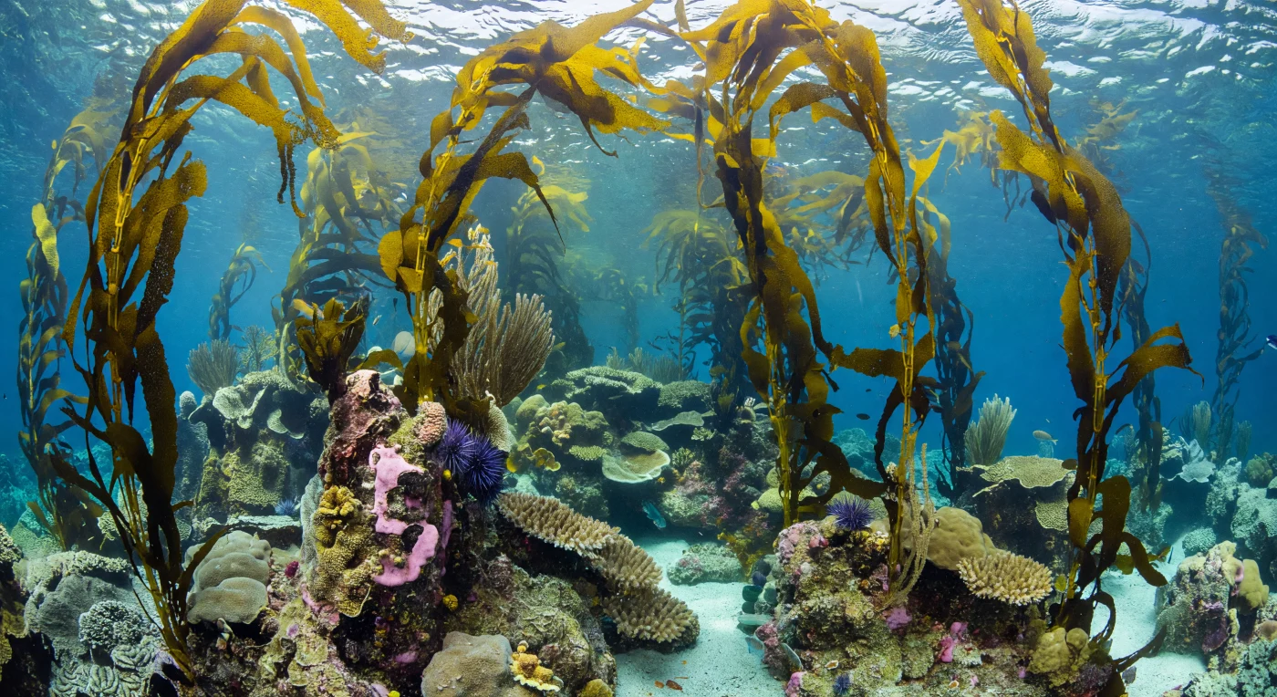 Where sunlight still commands the sea, a carbonate spur rises through water so clear that every wavelength of the spectrum—warm amber, aquamarine, cobalt—remains at play simultaneously. Towering kelp stipes, anchored by holdfasts gripping the reef's encrusting coralline algae and wedged sea urchins, ascend toward the surface in olive-gold columns; their broad amber blades overlap overhead, refracting the downwelling light into layered bands of shadow and brilliance that shift with every surface ripple, a phenomenon ecologists call a dynamic light environment and reef organisms have spent millions of years navigating. Gorgonian fans tilt at precise angles to intercept the current flowing across the spur's outer edge, while crustose pink algae cement the carbonate framework beneath them, and small reef fish—wrasses, perhaps, or juvenile groupers—thread the kelp pillars where the structural complexity of the reef multiplies available microhabitats by orders of magnitude. At the spur's seaward margin the substrate drops away into open cobalt water, a gradient that traces the transition from shallow photosynthetic abundance to a deeper, cooler world where light begins its slow surrender—but here, in these upper tens of meters, pressure barely doubles above the surface, temperatures hold in the mid-twenties, and the reef asserts itself as one of the most structurally and biologically dense ecosystems the ocean is capable of building, thriving entirely on sunlight and carbonate chemistry, indifferent to any witness.