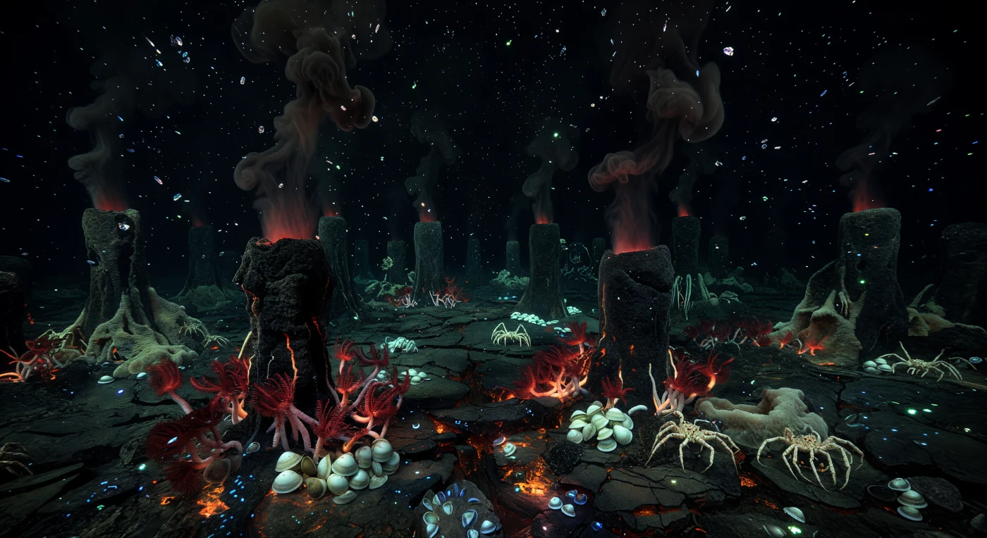 수심 수천 미터의 해저에서, 새로 갈라진 현무암 지각을 뚫고 솟아오른 블랙 스모커 굴뚝들이 절대적인 어둠 속으로 사라져간다. 섭씨 400도에 달하는 초고온의 열수가 굴뚝 끝에서 뿜어져 나오며 천천히 비틀리는 플룸을 형성하고, 그 내부에서는 화학발광에 의한 희미한 적주황빛이 살아 숨쉬듯 이글거린다. 황화물 결정과 미세한 박테리아 입자들이 광합성이 아닌 화학합성으로 살아가는 이 세계에서 눈송이처럼 조용히 가라앉으며, 굴뚝 기저부를 따라 뻗어있는 균열에서는 진홍빛 깃털 촉수를 드러낸 리프티아 관벌레 군락이 밀집해 있고, 창백한 조개류와 미생물 매트가 뒤덮인 광물 선반에는 흰 예티 크랩이 달라붙어 있다. 이 생태계 전체는 태양빛과 완전히 단절된 채 압도적인 수압—수백 기압에 달하는 무게—아래에서, 지구 내부의 지열 에너지만을 동력 삼아 인간의 역사보다 훨씬 오랜 시간 동안 스스로 존재해왔으며, 이 순간에도 아무도 없는 심연에서 원시적인 침묵 속에 그저 살아있다.