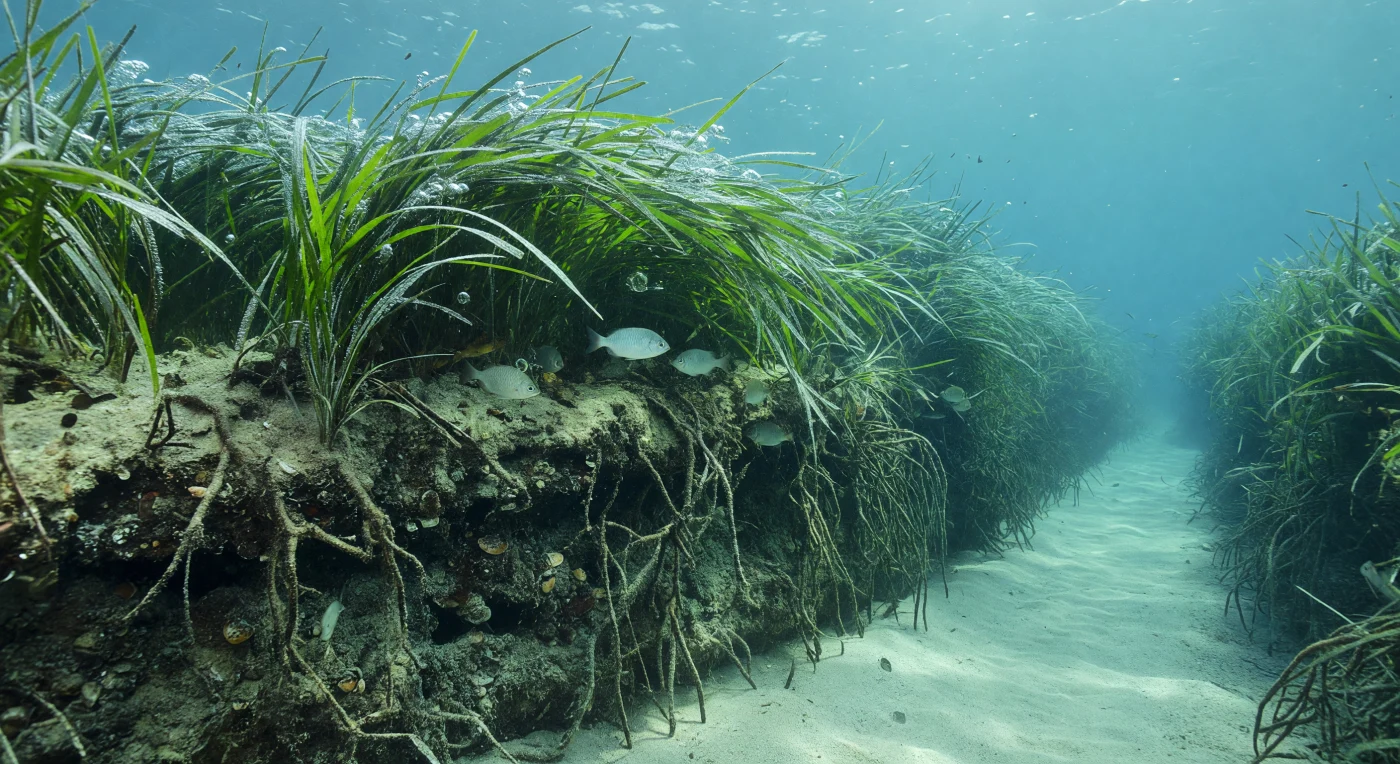 지중해 연안의 얕은 해저, 수심 8~12미터 아래에서 *Posidonia oceanica*의 매트 절벽이 모래 수로 옆으로 어둡고 묵직하게 솟아 있다. 수천 년에 걸쳐 켜켜이 쌓인 리좀과 뿌리, 압축된 퇴적물, 조개껍데기 파편이 엉킨 이 유기질 벽은 지구에서 가장 오래된 해저 생태계 중 하나의 단면을 고스란히 드러낸다. 벽면 곳곳에 파인 작은 공동들은 게와 무척추동물의 은신처가 되고, 벽 위로 펼쳐진 리본 모양의 잎들은 조류에 맞춰 느리고 일제히 굽었다가 되돌아오며 광합성의 증거인 은빛 산소 방울을 잎 가장자리에 달고 있다. 수면에서 내려오는 청록빛 햇살이 물결 모양 모래 위에 코스틱 패턴을 수놓고 매트의 어두운 면과 모래 수로의 밝은 빛 사이에 선명한 명암 대비를 만드는 가운데, 수줍은 도미 몇 마리가 탁 트인 물과 잎 사이 경계에서 망설이며 머물고, 더 어린 치어들은 잎밭 안쪽 깊숙이 숨어들어 이 풀밭이 수많은 생명의 탁아소임을 말없이 증명한다.