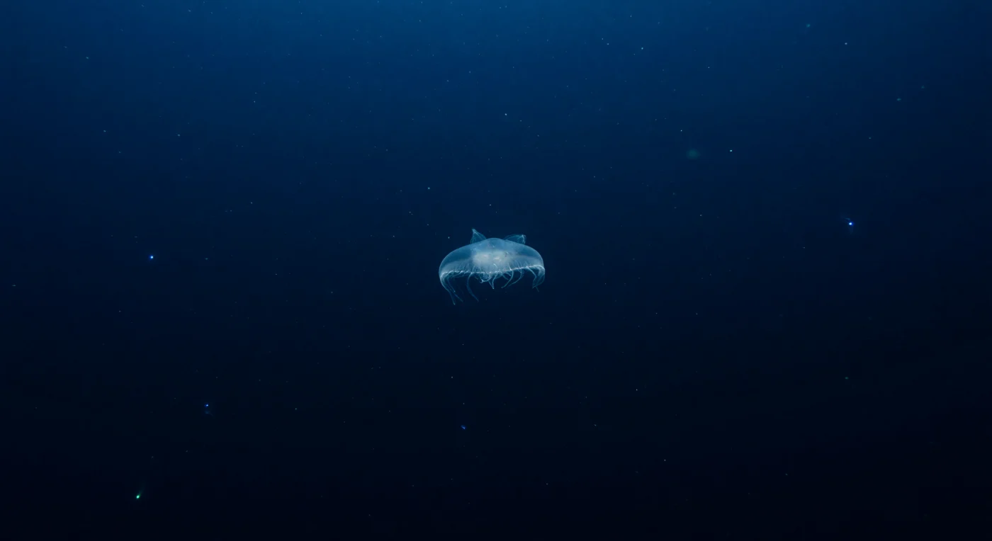 수심 400~600미터의 중층수에서, 한 엽상 유즐동물(lobate ctenophore)이 중력을 잊은 듯 부유하며 거의 완전한 투명체로 존재한다. 여덟 줄의 섬모판 열(comb row)이 몸통을 따라 진주빛 능선을 이루고, 저 위 수면에서 간신히 닿아 오는 단파장 청색광을 받아 살 속에서 희미하게 구조를 드러낸다. 이 깊이에서 태양광은 이미 극도로 감쇠되어 단색의 냉청색(cold cobalt)으로만 남아 있으며, 압력은 수십 기압에 달해 생명 자체가 일종의 물리적 도전이다. 그 너머 수주(水柱) 깊숙한 곳에서는 요각류와 편형동물, 개형충 같은 부유성 플랑크톤이 순간적인 생물발광 섬광을 내뿜으며 청흑색 허공을 잠시 밝혔다가 사라지고, 해양 설편(marine snow)이 그 사이를 말없이 가라앉는다. 이 세계는 목격자도, 경계도, 소음도 없이 오로지 스스로의 논리 속에서 움직이며, 지구 해양 부피의 상당 부분을 차지하면서도 인간의 감각이 결코 자연적으로는 닿지 못하는 침묵의 영역으로 남아 있다.