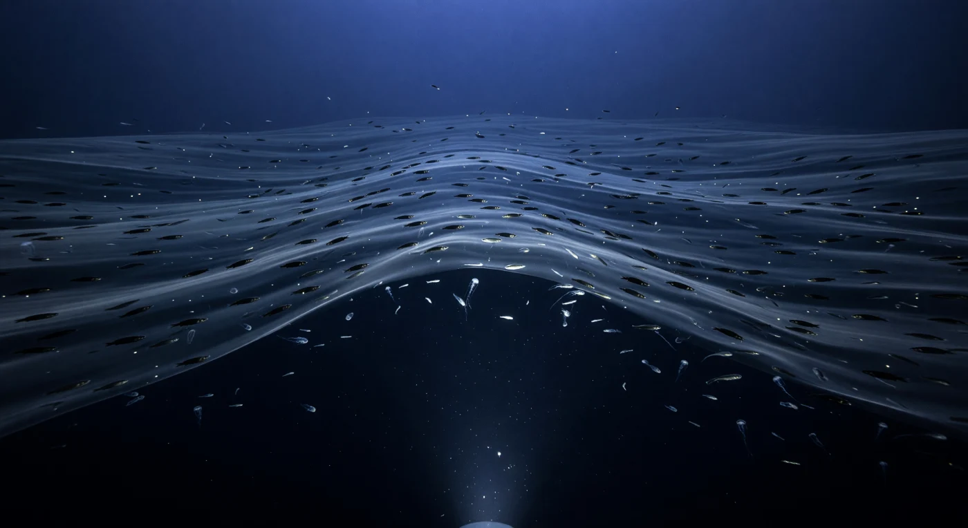 수중 자율 항행 장치(AUV)가 수심 410미터의 어둠 속을 미끄러지듯 전진하는 순간, 내부파가 만들어낸 주름 속에서 심해산란층이 완만한 아치형으로 휘어지며 프레임 전체를 가로지른다—마치 살아 숨 쉬는 주름진 직물이 해류 속에서 접혀드는 것처럼. 위쪽 수층에서 가까스로 스며내려온 희미한 코발트빛이 깊이를 더할수록 단색의 청흑으로 녹아들고, AUV의 전방 조명은 불과 몇 미터 앞까지만 닿아 투명한 빗살해파리의 유리 같은 윤곽과 관해파리의 가느다란 실, 그리고 해양 설처럼 떠다니는 미세 입자들을 간신히 드러낼 뿐이다. 밀도 높은 띠 구간에서는 렌턴피시들이 날렵한 은흑색 실루엣으로 뭉쳐 거짓 해저면을 형성하고, 그 몸통에 점점이 박힌 발광기들이 간헐적으로 깜박이는 반면, 보다 맑은 통로에서는 살파와 빗해파리들이 유리질의 가장자리와 미묘한 청색 하이라이트만 남긴 채 거의 투명하게 표류한다. 약 41기압에 달하는 압력이 모든 것을 조용히 짓누르는 이 광막한 수괴 속에서—해저는 시야 어디에도 없이—수억 년에 걸쳐 완성된 지구 최대 규모의 일주 수직 이동이 오늘 밤을 기다리며 숨을 고르고 있다.