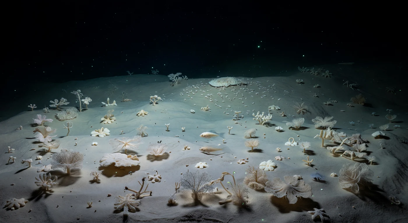 At the bottom of the deepest known wound in Earth's crust, where hydrostatic pressure exceeds one thousand atmospheres and no photon of sunlight has ever penetrated, a vast silent plain of silken beige sediment stretches outward in every direction, its surface so undisturbed that the finest marine snow — organic detritus drifting down from the sunlit world nearly eleven kilometers above — settles without disturbance, accumulating across millennia into a pale, velvety record of the ocean's biological history. Across this floor spreads one of the most remarkable biological communities on the planet: fields of giant xenophyophores, single-celled organisms among the largest known to science, their fragile architectures of agglutinated sediment grains forming rosettes, branching fans, and lace-like nets that rise only centimeters from the mud, each one a solitary living cell binding the trench floor's chemistry to its own body. A hadal snailfish — *Pseudoliparis* or close kin — glides translucent and boneless just above the sediment, its fluid-filled tissues equilibrated to the crushing pressure that would implode any unprotected gas space, its pale form catching the only light that exists here: sparse cold cyan-green bioluminescent pinpricks from pelagic organisms drifting in the black water column above, and faint ghostly glimmers from minute benthic life stirring between the xenophyophore clusters. Farther across the basin, amphipods — hyperiid and lysianassid species adapted to piezophilic biochemistry through specialized membrane lipids and osmolyte systems — gather around sunken organic matter, their translucent carapaces and rapid antennae the dominant animal motion in a world otherwise defined by absolute stillness. This is a place that has existed in darkness, cold, and crushing silence for geological ages, its ecology sustained entirely by the slow rain of organic material from above and the patient chemistry of sediment and seawater, indifferent to and unaware of any world beyond its own.