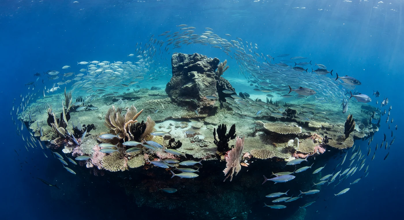 At the crest of a mid-ocean seamount, a blunt spire of fractured basalt cleaves the prevailing current, and in its lee a turquoise eddy spins slowly inward, cradling thousands of small silver fish in a trembling, self-organizing veil. Each individual hangs at the precise tension between shelter and flow, their scales catching the oblique shafts of sunlight that lance down from the bright surface above, refracting into shifting caustic patterns across the volcanic rock below. Where the eddy dissolves at the summit edge, the outer ranks of the school are peeled away by the faster water and swept back over the rim, where the plateau drops without warning into colder, darker cobalt — a sudden vertical wilderness that begins just meters from the sunlit cap. Above, jacks wheel in loose, purposeful arcs, their flanks strobing white when they bank into the light, while larger tunas drive through the bait cloud in tight, explosive passes, each strike sending a pulse of turbulence rippling outward through the column. The seamount summit functions as an open-ocean oasis: hard basaltic substrate, gorgonians streaming from current-facing ledges, pink coralline crusts cementing every horizontal surface, and the perpetual upward flux of nutrient-rich water stirred by tidal pumping and internal waves breaking against the topography — a place where the geometry of the seafloor reaches up to intercept the sunlit world, concentrating life in the otherwise empty blue.