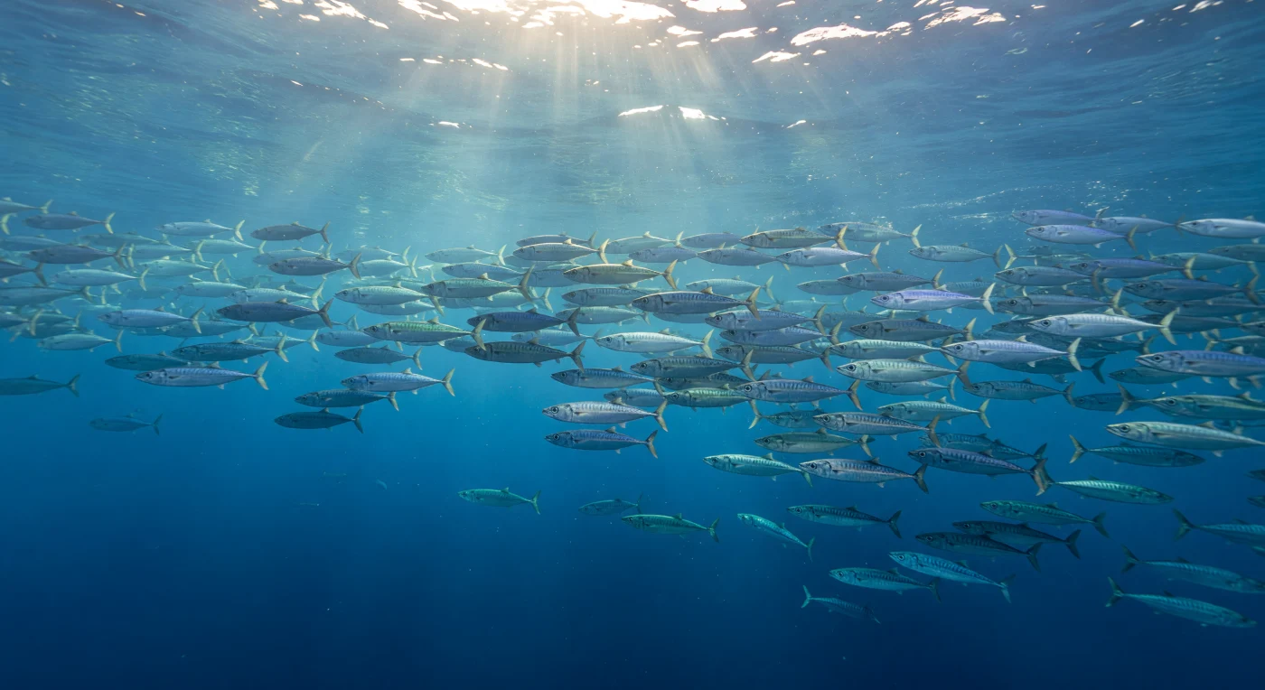Along the continental shelf edge, where the seafloor abruptly surrenders to open water and the bottom drops away into deepening cobalt, thousands of Atlantic mackerel (*Scomber scombrus*) move as a single coherent body through the epipelagic zone — that upper stratum of the ocean, from the surface to roughly 200 metres, where sunlight still drives photosynthesis and life concentrates in extraordinary density. Oblique rays fan downward from above, refracting through clear, particle-laden seawater rich with drifting phytoplankton, zooplankton, and organic marine snow, each mote softly illuminated by ambient solar energy alone, scattering light into shifting caustic lattices across the water column. The mackerel school functions as both predator and prey here, a living hydrodynamic structure whose synchronized turns flash each silver flank like a turning mirror — a collective anti-predator strategy that exploits confusion and the blinding chrome of thousands of reflecting scales simultaneously. At this shelf break, cold nutrient-rich water from depth periodically upwells against the continental margin, fueling the planktonic productivity that draws these fish into dense aggregations, linking the chemistry of the deep ocean to the brilliant, sunlit corridor above. Without any witness and without interruption, the school streams onward through water that is simultaneously luminous and immense — a world of pressure, pulse, and silver light that has operated on these terms for tens of millions of years.