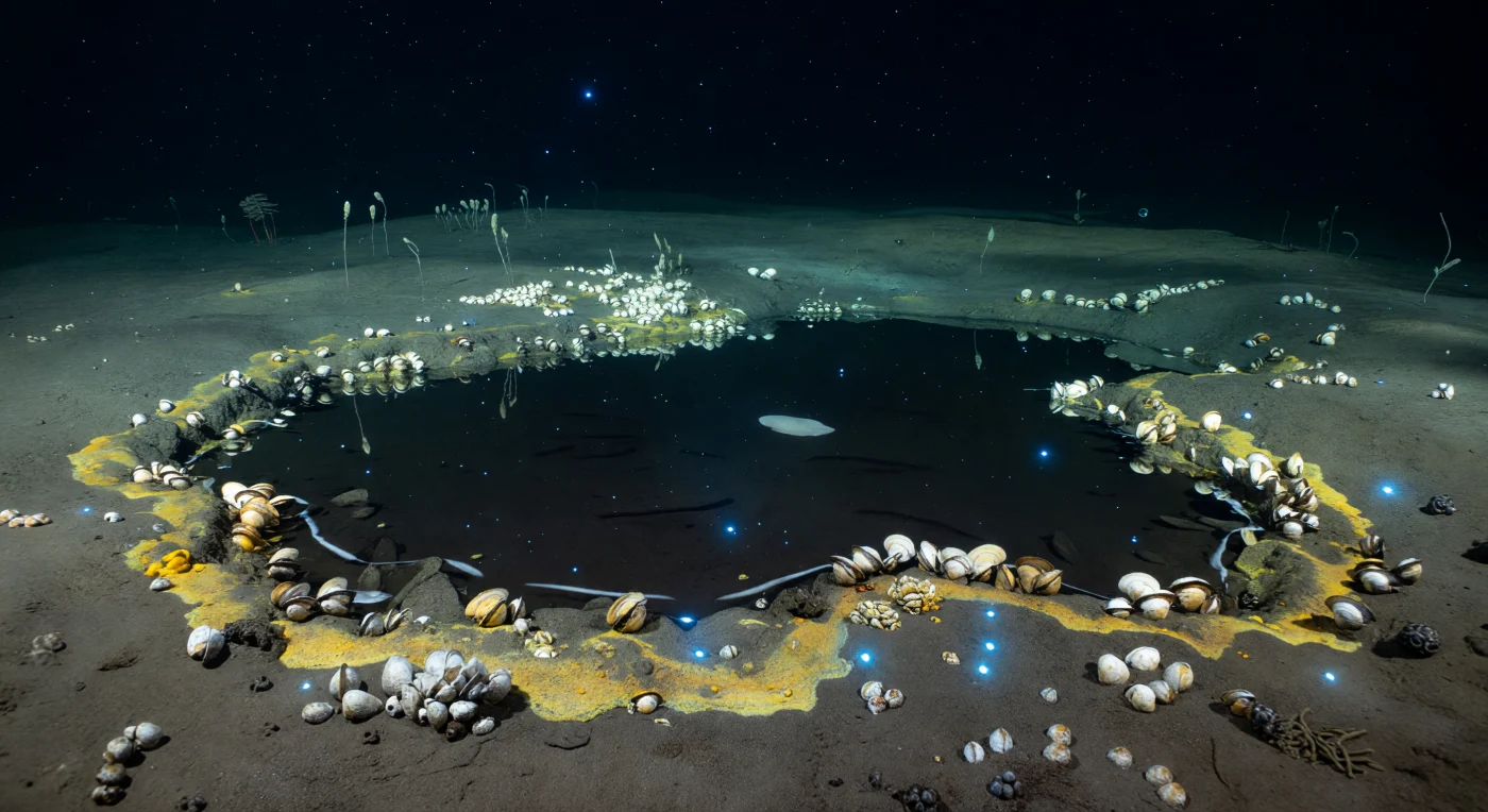 At roughly 4,800 to 5,500 metres below the surface, where pressure exceeds 500 atmospheres and ambient temperatures hover near 2 °C, a shallow hollow in the abyssal plain cradles one of the ocean's most improbable phenomena: a lake within the ocean, its surface held razor-sharp by density alone. The brine filling this depression is two to five times saltier than the surrounding seawater, enriched through the dissolution of ancient evaporite deposits buried deep within the sedimentary record, and so dense that it pools like liquid mercury, its black mirror interface bending and doubling the images of nearby mussel shells and undercut mud lips into precise, silent mirages. Along its lethal shore, chemosynthetic mussels — their tissues colonised by sulfur-oxidising endosymbionts — cluster in dense ivory-and-tan beds at the precise margin where toxic brine chemistry and oxygenated water meet, sustaining an entire community on chemical energy alone, independent of any sunlight that ceased penetrating the water column kilometres above. Sulfur-yellow bacterial mats spread across the scalloped sediment in slow microbial carpets, their faint cold luminescence doubling as ghostly reflected sparks on the brine's black surface, while sparse blue-cyan bioluminescent points drift through the overlying water column like scattered stars above a still lake. Farther across the ashen plain, a pale holothurian moves with glacial patience through soft silt dusted with manganese nodules, utterly indifferent to the strange liquid shore at its margin — a world complete, pressurised, and profoundly silent in its own deep existence.