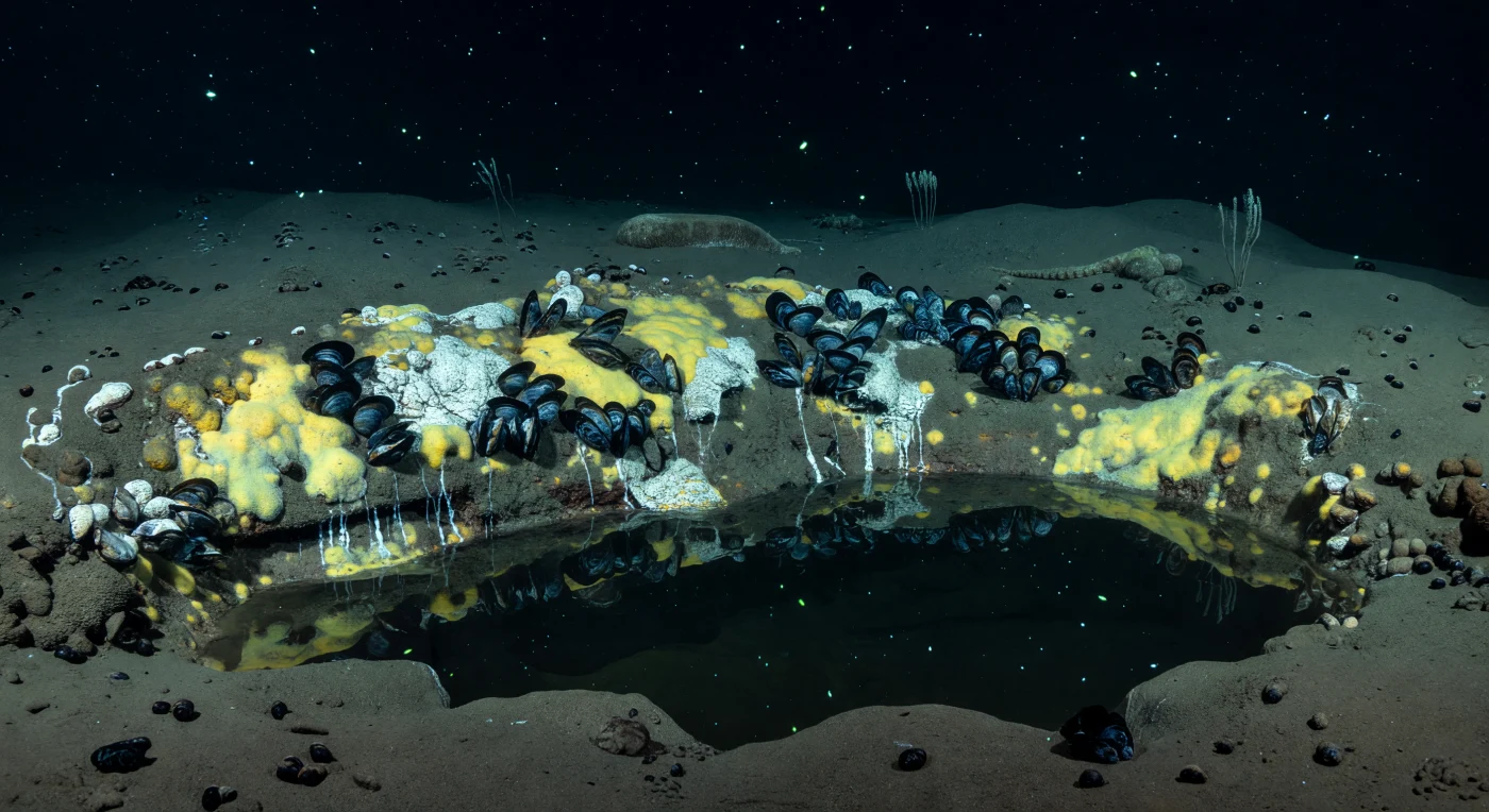 At the margin of an abyssal brine pool lying somewhere between four and six kilometers beneath the surface, a low escarpment descends through pressures exceeding four hundred atmospheres into one of the ocean's most chemically alien environments. The slope is blanketed in sulfur-yellow bacterial mats — vast colonies of sulfur-oxidizing microorganisms drawing energy not from sunlight but from the hydrogen sulfide seeping upward through fractured sediment — and across this microbial carpet, dense aggregations of symbiont-bearing mussels press together in interlocking mosaics of blue-black shell, their tissues harboring chemosynthetic bacteria that fix carbon in permanent darkness. Where fresh hypersaline brine trickles downslope in thin rivulets, chalky precipitate crusts of barite and carbonate crust over the mussel bed, marking the chemical frontier where normal seawater chemistry collapses into something far denser and far more hostile. At the foot of the escarpment, the brine pool itself lies perfectly still, its upper surface a mirror-dark interface — sharp as glass, shimmering with subtle refraction — where seawater meeting brine five to eight times saltier creates an optical boundary like black liquid mercury, swallowing detail into lightless depth below. Beyond the seep margin, scattered manganese nodules mottle the abyssal plain, a distant holothurian moves imperceptibly through the cold, and a few delicate sea pens stand unmoving in the immense, silent pressure, their existence entirely indifferent to any witness.