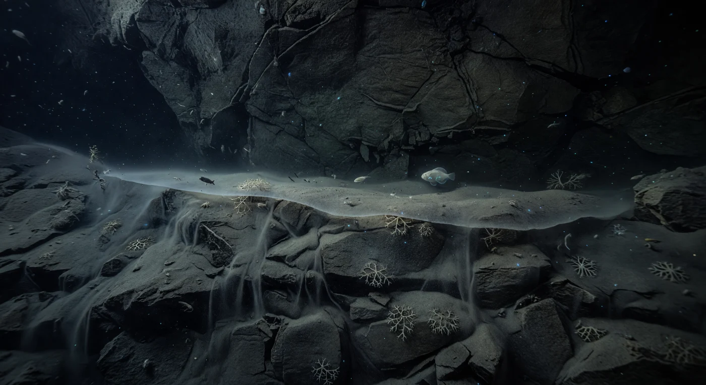 At roughly 7,500 to 8,500 metres beneath the surface, a narrow bench interrupts the near-vertical plunge of black basaltic rock, its sediment pockets draped in ravined gray clay and talus debris shed from the cliff above over geological timescales — a landscape shaped by gravity, pressure approaching 85 megapascals, and water barely warmer than 1–2°C. A contour-following current grazes the ledge and lifts fine silt into a thin nepheloid veil, a low horizontal haze in which clay particles and marine snow hang suspended in cold, motionless water, the entire drift illuminated by nothing but the sparest bioluminescent pinpricks — faint blue-green glimmers from drifting microorganisms that are just sufficient to resolve the ledge geometry in charcoal and cold steel-gray. Against the darker wall and across the silty bench, amphipods and munnopsid isopods move as dim translucent forms, their bodies half-dissolved into the particulate murk, while fragile agglutinated xenophyophores dot the softer sediment pockets like pale lacework — single-celled giants that thrive precisely because the shoulder current concentrates organic matter along the bench, making these steep topographic interruptions among the most biologically significant features of the hadal realm. Slightly farther from the cliff, a soft-bodied hadal snailfish hovers weightlessly in the black water column, its pale form ghostlike against absolute darkness — a vertebrate pressing existence to the very edge of what pressure, temperature, and enzyme chemistry permit, in a world that has never known sunlight and exists in complete, crushing, primordial silence.