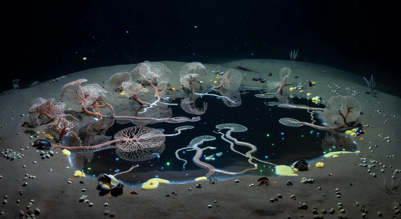 Op 4.800 meter diepte, waar de druk oploopt tot meer dan 480 atmosfeer en het water nauwelijks boven het vriespunt uitkomt, rust een hypersaline brijnpoel roerloos in een ondiepe modderkom van de abyssale vlakte — een onderzeese meer met een glasscherpe grenslaag die het omringende zeewater scheidt als gepolijst donker metaal. Langs de flank van het bekken strekken reusachtige xenofofioren zich uit als broze, bleke labyrinten: ééncellige organismen van uitzonderlijke omvang die fijn silt en roestkleurig sediment vangen in hun geagglunineerde kalkstructuren, terwijl smalle tongen brine tussen hen door sijpelen en hun kant­werkpatroon weerspiegelen als vloeibaar kwikzilver. Gele bacteriematten spreiden zich langs de brijnrand uit, gevoed door de chemosynthetische rijkdom van het zwavelrijke, zuurstofarme brijnwater, en kleine clusters van symbiont-dragende diepzeemosselen clusteren stil aan de overgang tussen giftig brine en omringend zeewater. Zeldzame cyaan­blauwe en groene bioluminescente lichtvlekjes — afkomstig van driftende organismen en sporadische bentische flitsen — onthullen de texturen van dit landschap: het poederachtige abyssale slib, de brosse xenofofiore ribben, de onwerkelijke reflecterende huid van de brine zelf, die licht vervormt als een ondergedompelde luchtspiegeling. Dit is een wereld die bestaat zonder getuigen, zwaarder dan water, stiller dan stilte, in een eeuwigdurend, bevroren ogenblik.