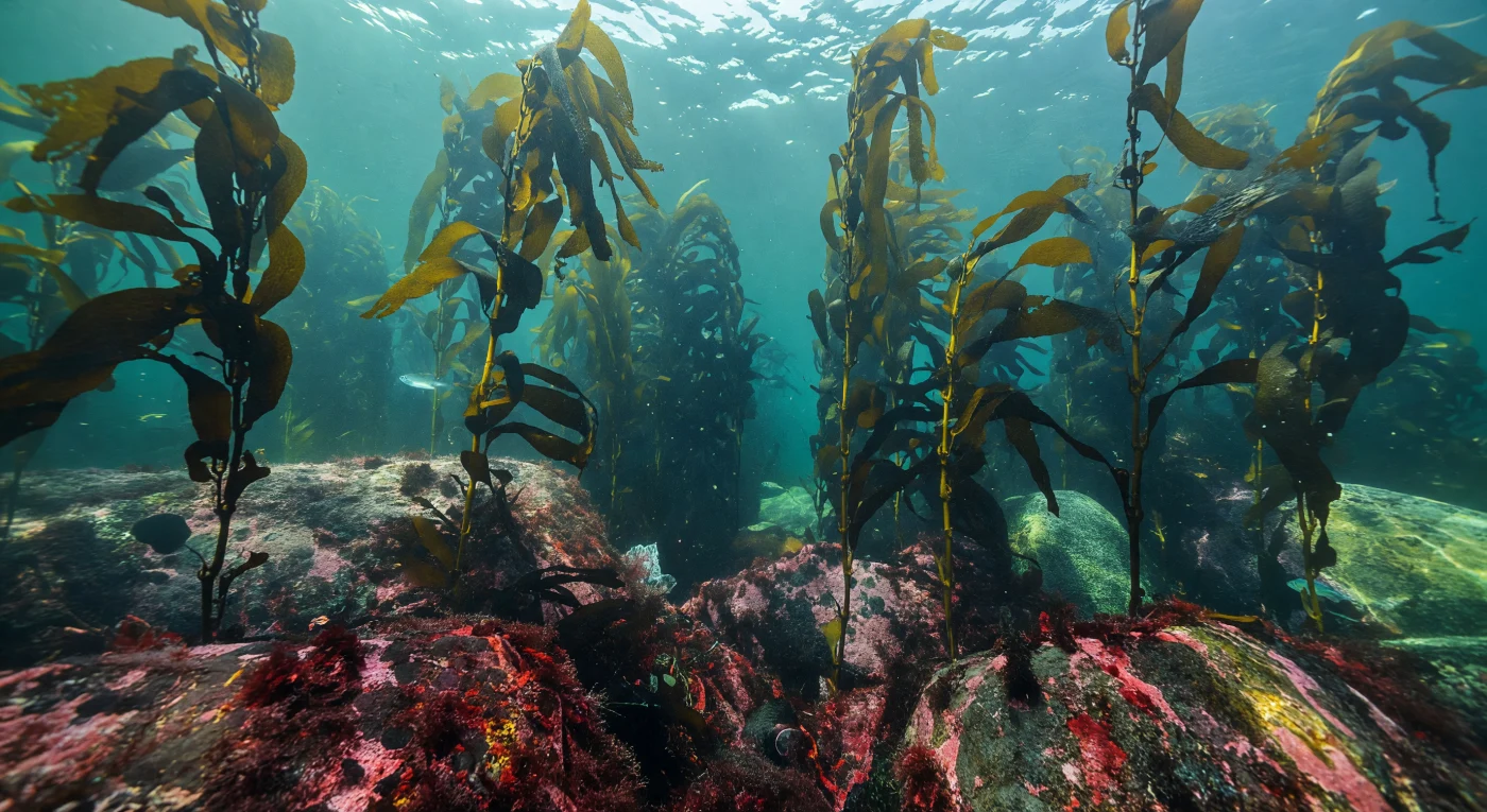 In de ondiepe kustwateren van de noordelijke Atlantische Oceaan, op een diepte waar zonlicht nog volop doordringt, vormt *Laminaria hyperborea* dichte wouden van leerachtige, olijfbruine bladeren die boven een rotsbodem van keien en ruwe gesteenten oprijzen, bedekt met karmozijnrode en bordeauxkleurige roodwieren en rozige kalkwierenkorsten. Bij een druk van slechts twee atmosfeer en watertemperaturen die nauwelijks boven de tien graden uitkomen, buigen de stevige stipes en brede bladeren ritmisch in de golfbeweging, als levende banieren in een onderwaterstoet. Gefilterd door het koude, heldere zeewater transformeert het zonlicht tot een blauwgroene, smaragdkleurige glinstering die grillige lichtpatronen op de keien werpt en de onderste bladeren in zwevende schaduwen hult, terwijl fijne deeltjes en mariene sneeuw traag door de waterkolom drijven. Tussen de stipes weven kleine, zilveren pollaks en enkele lipvissen door de donkere tussenruimten, hun schubben oplichtend waar een straal zonlicht hen raakt, terwijl de diepere kanalen tussen de boulders wegzinken in een koel, groen schemerduister. Dit bos bestaat volledig op eigen kracht — een zuurstofrijk, door golven gevormd ecosysteem dat zonder getuige gedijt, zijn verticale architectuur oprichtend als een levende kathedraal boven een bodem die al millennia lang klopt met leven.