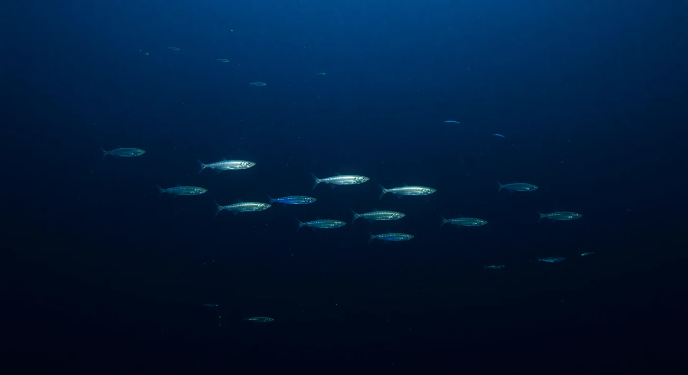 In de schemerzone van de open oceaan, op honderden meters diepte waar het laatste daglicht wegsterft tot een nauwelijks waarneembaar kobaltblauw, glijden hatchetfish — *Sternoptyx* en verwante geslachten — zijdelings door de waterkolom als levende spiegels. Hun zijdelings samengedrukte lichamen, bedekt met guanine-kristallen, weerkaatsen het resterende licht van ver boven hen, waardoor zij vrijwel opgaan in de achtergrond van de diepe zee — een aanpassing die *obliterative countershading* wordt genoemd en hen beschermt tegen roofdieren die vanuit de diepte omhoogkijken. Langs hun buikrand lopen nauwkeurig gerangschikte rijen fotosforen die een zacht blauwgroen schijnsel uitstroten, precies afgestemd op de spectrale kleur van het invallende schemerlicht, zodat hun silhouet verdwijnt in plaats van afsteekt — een strategie die *counterillumination* heet. Het water hier, onder een druk van twintig tot honderd atmosfeer en met temperaturen rond de vier tot acht graden Celsius, is doorspikkeld met mariene sneeuw: microscopisch kleine deeltjes organisch materiaal die als stille neerslag afdalen naar de diepere zones en de voedingsketen in stand houden die dit rijke tussengebied voedt. Dit is een wereld die altijd heeft bestaan zonder getuige, geordend door evolutie en fysica alleen, koud en stil en volkomen zichzelf.