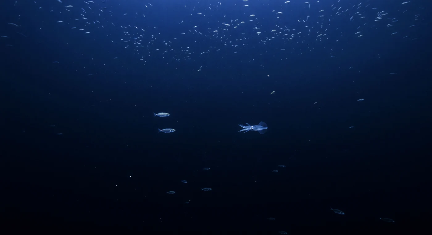 Hoog boven in de waterkolom, op honderden meters diepte, perst de *deep scattering layer* zich samen tot een korrelig, levend plafond: miljoenen minuscule visjes, kreeftachtigen en geleiachtige lichamen die gezamenlijk een vaag gemarmerd gordijn vormen tegen het zwakste resterende kobaltblauw van het oppervlakte-daglicht. De druk hier — tientallen atmosferen — perst het weefsel van elk organisme tot aan zijn fysiologische grenzen, terwijl de temperatuur daalt naar enkele graden boven het vriespunt en het zuurstofgehalte plaatselijk tot een minimum verschrompelt in de zuurstofminimumzone. Daaronder hangt een pijlstaartvis in volkomen stilte, zijn wafersdunne, spiegelende flanken opvangend wat er nog nauwelijks van het blauw doordringt, de rijen ventrale fotoforen langs zijn buik uitgeblust in dit tussenlicht — camouflage door tegenlichtuitwissing, een evolutionaire verfijning van honderdmiljoenen jaren. Iets verderop drijft een eenzame inktvis, zijn mantel bijna volkomen transparant, de zachte opaalachtige vinnen en de spookachtige interne anatomie slechts zichtbaar als zilveren contouren waar het restlicht het glas van zijn lichaam raakt. Beneden dit levende plafond zinkt de waterkolom weg in een pelagische leegte van blauw naar zwart, doorsneden door langzaam dalende mariene sneeuw — fragmentjes organisch materiaal, de neerwaartse stroom van het leven daarboven — en in de verte gloeit hier en daar een koude bioluminescente punt op en dooft weer, de enige lichtbronnen in een wereld die volledig buiten ons bestaan om bestaat.